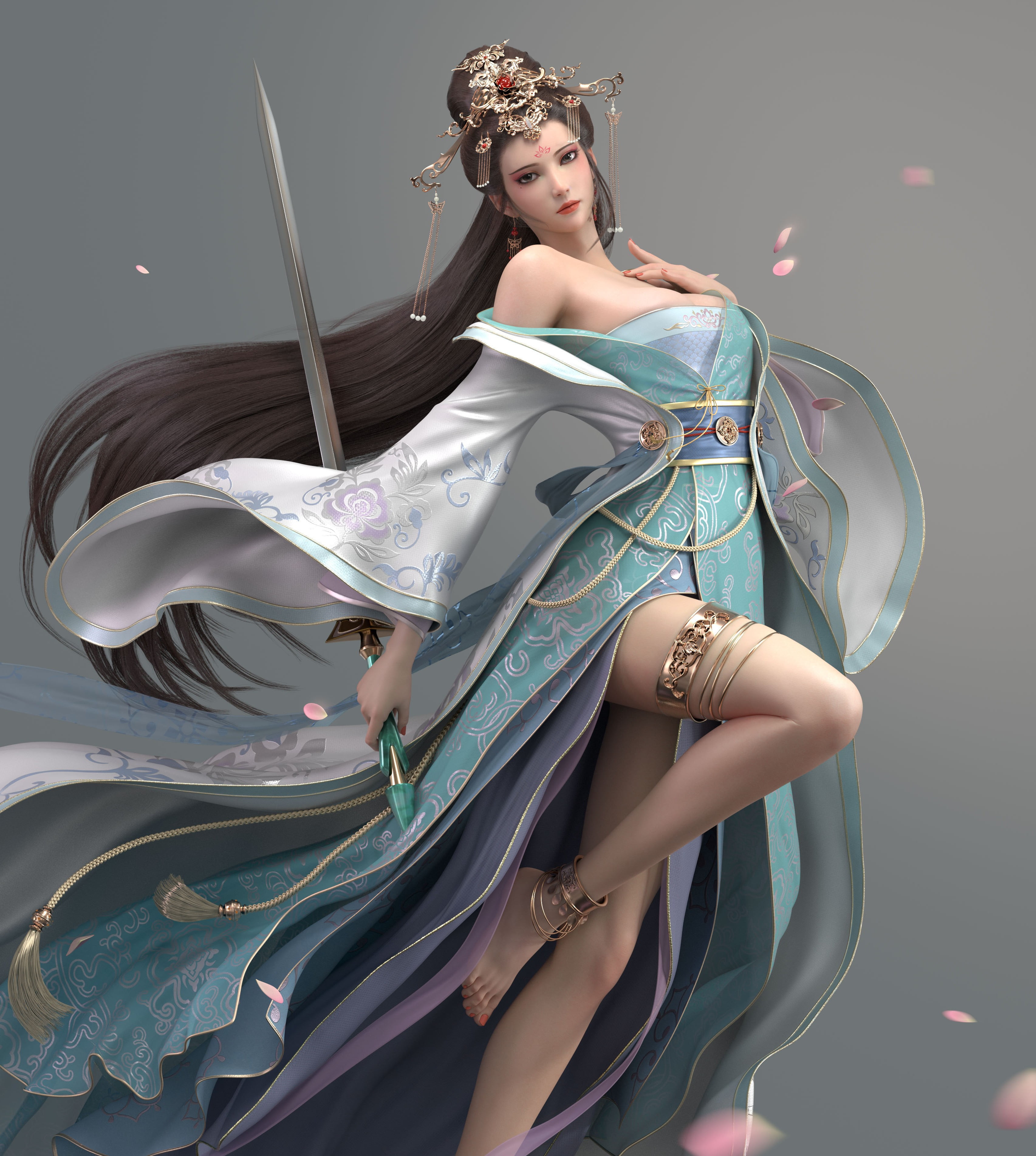hairbun, women, hair accessories, simple background, loose clothing, barefoot, cherry blossom, brunette, green clothing, long hair, wind, sword, 2K, straight hair, Phone HD Wallpaper
