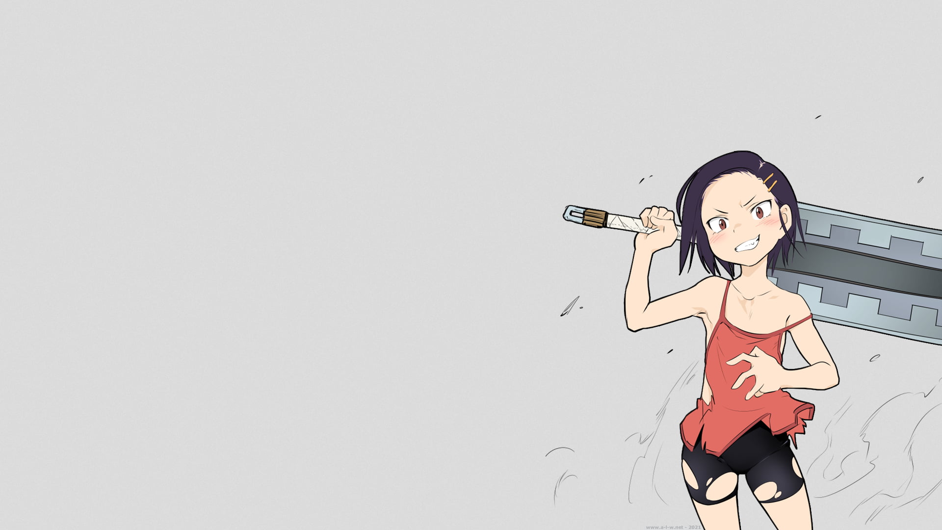 dark hair, bike shorts, manga, spats, loli, 1080P, hairpin, brown eyes, anime, ripped clothes, fun_nyari, tomboys, short hair, loose clothing, sword, anime girls, HD Wallpaper