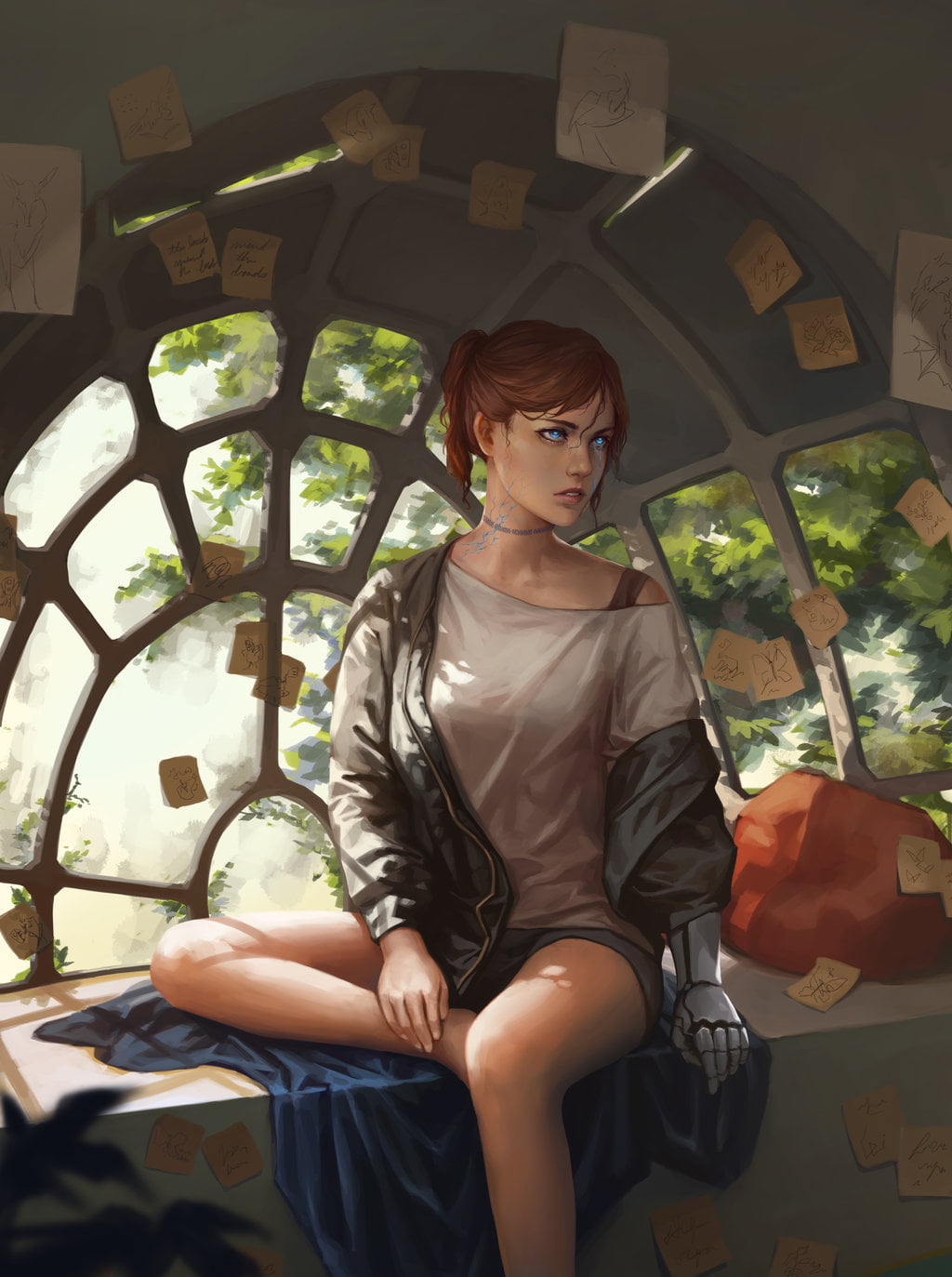 tattoo, Unodu, blue eyes, glowing, 720P, drawing, jacket, notes, loose clothing, women, brunette, looking away, Phone HD Wallpaper
