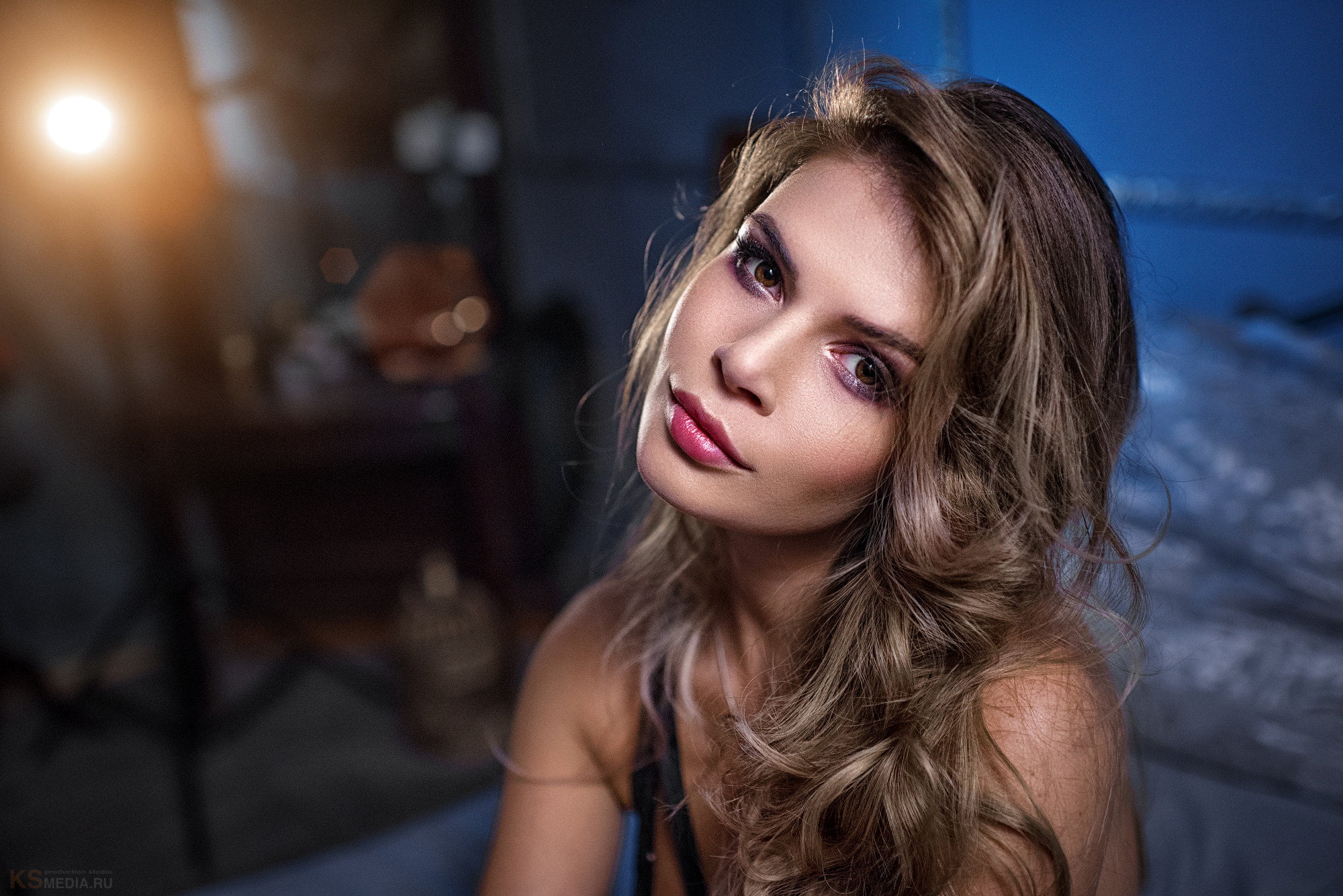 long hair, lipstick, brunette, head tilted, eyeliner, women, Sergey Kalabushkin, eyeshadow, smiling, makeup, 1080P, looking at viewer, portrait, wavy hair, HD Wallpaper