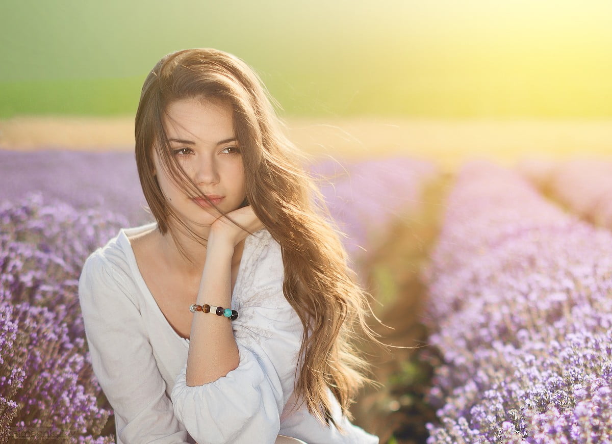 casual clothing, lifestyles, 480P, Radina, plant, beautiful woman, leisure activity, beauty, flowering plant, adult, contemplation, field, hairstyle, Simeon Kolev, HD Wallpaper