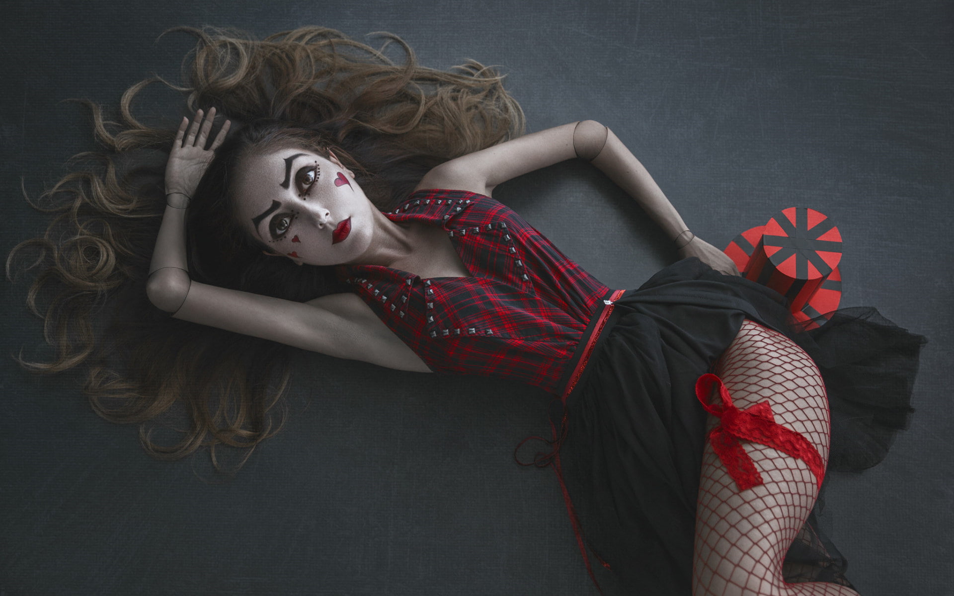 500px, fishnet stockings, long hair, skinny, on the floor, doll, women, 1080P, HD Wallpaper