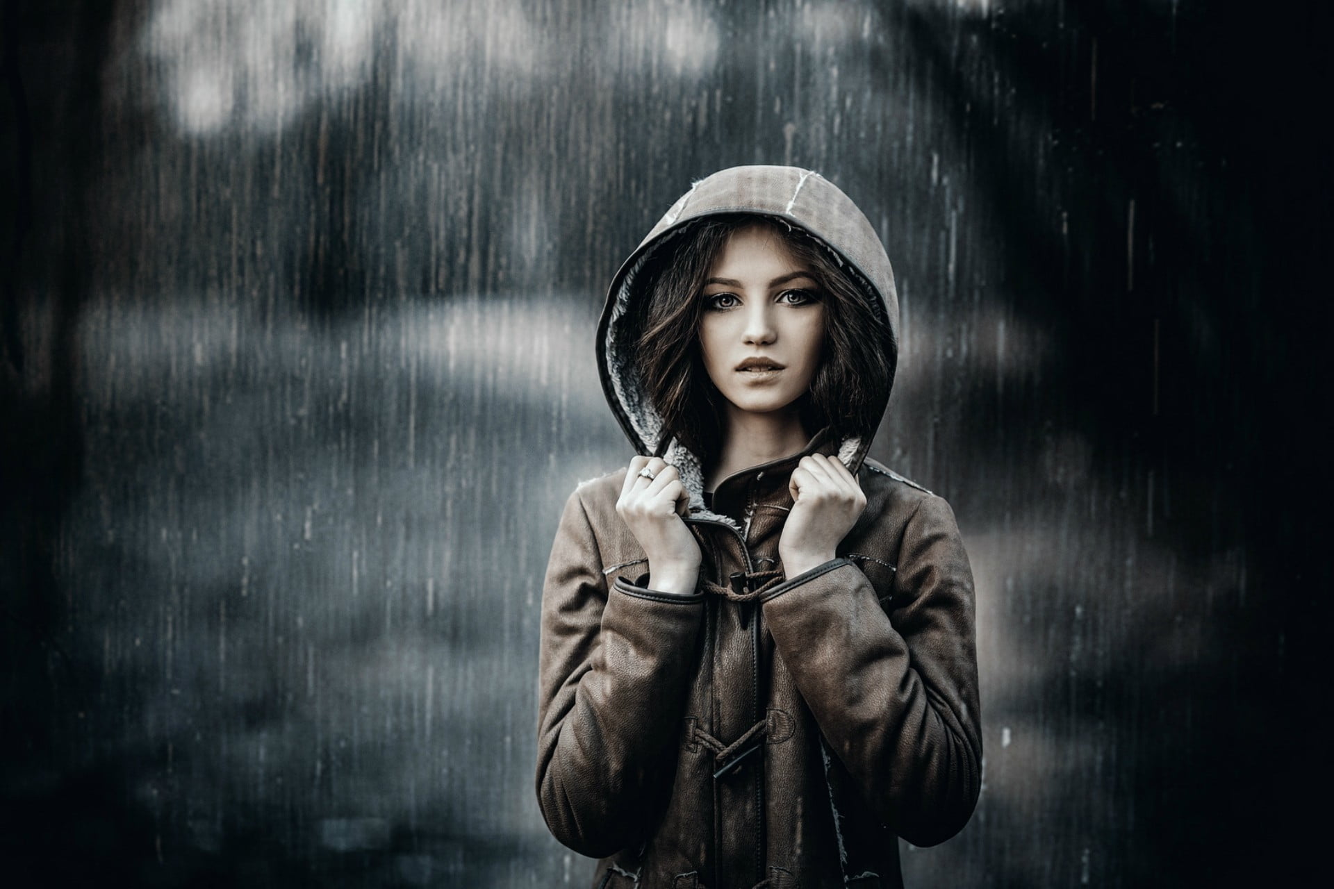 jacket, clothing, one person, standing, Sergey Piltnik, women, young women, contemplation, beautiful woman, Ksenia Malinina, brown eyes, leather, hood - clothing, HD Wallpaper