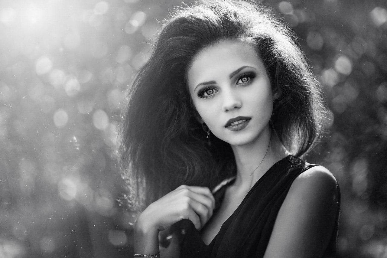 dress, monochrome, young adult, beauty, human face, teenager, beautiful people, front view, long hair, headshot, Sergey Piltnik, women, hair, looking at camera, HD Wallpaper