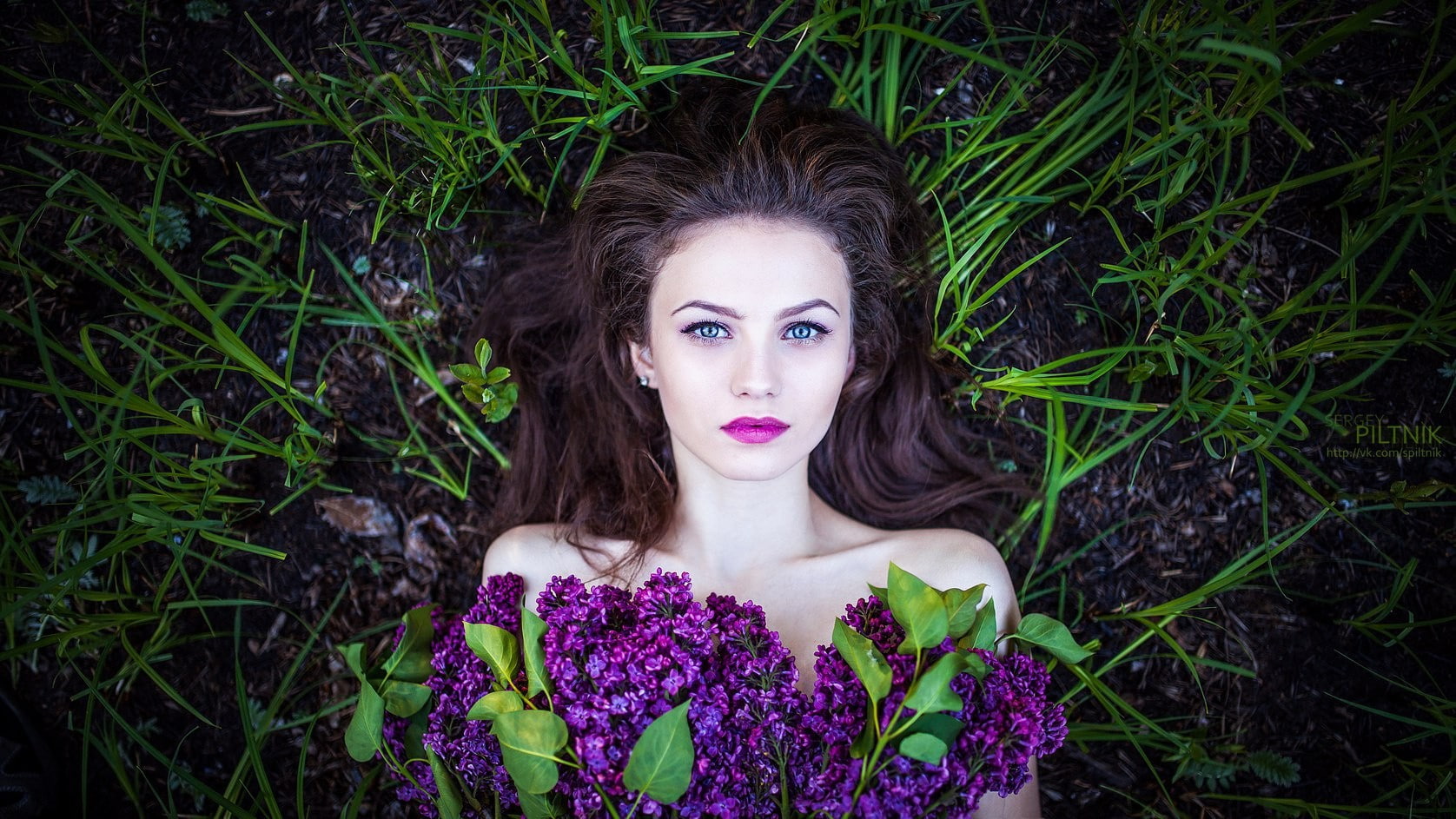 makeup, looking at viewer, brunette, bare shoulders, portrait, Sergey Piltnik, model, eyes, 720P, women, face, flowers, Ksenia Malinina, HD Wallpaper