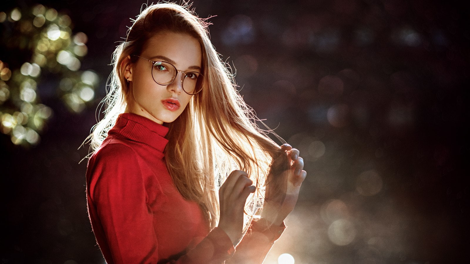 blonde, women, women with glasses, red, Anna Dyuzhina, 720P, Georgy Chernyadyev, HD Wallpaper