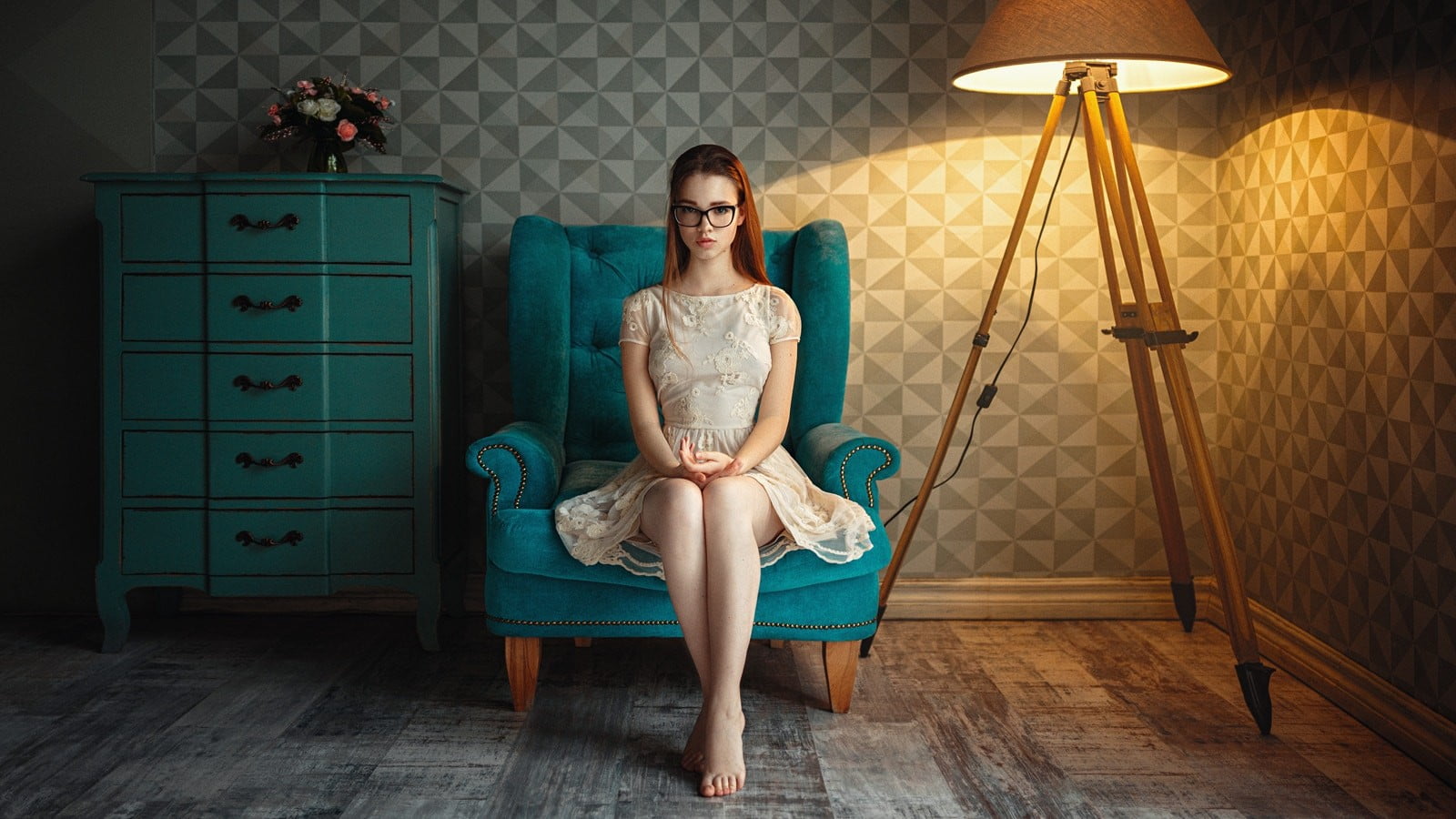 glamour, sofa, furniture, 720P, shirt, legs, electric Lamp, sensuality, bed, front view, 500px, contemplation, Georgy Chernyadyev, casual clothing, looking, HD Wallpaper