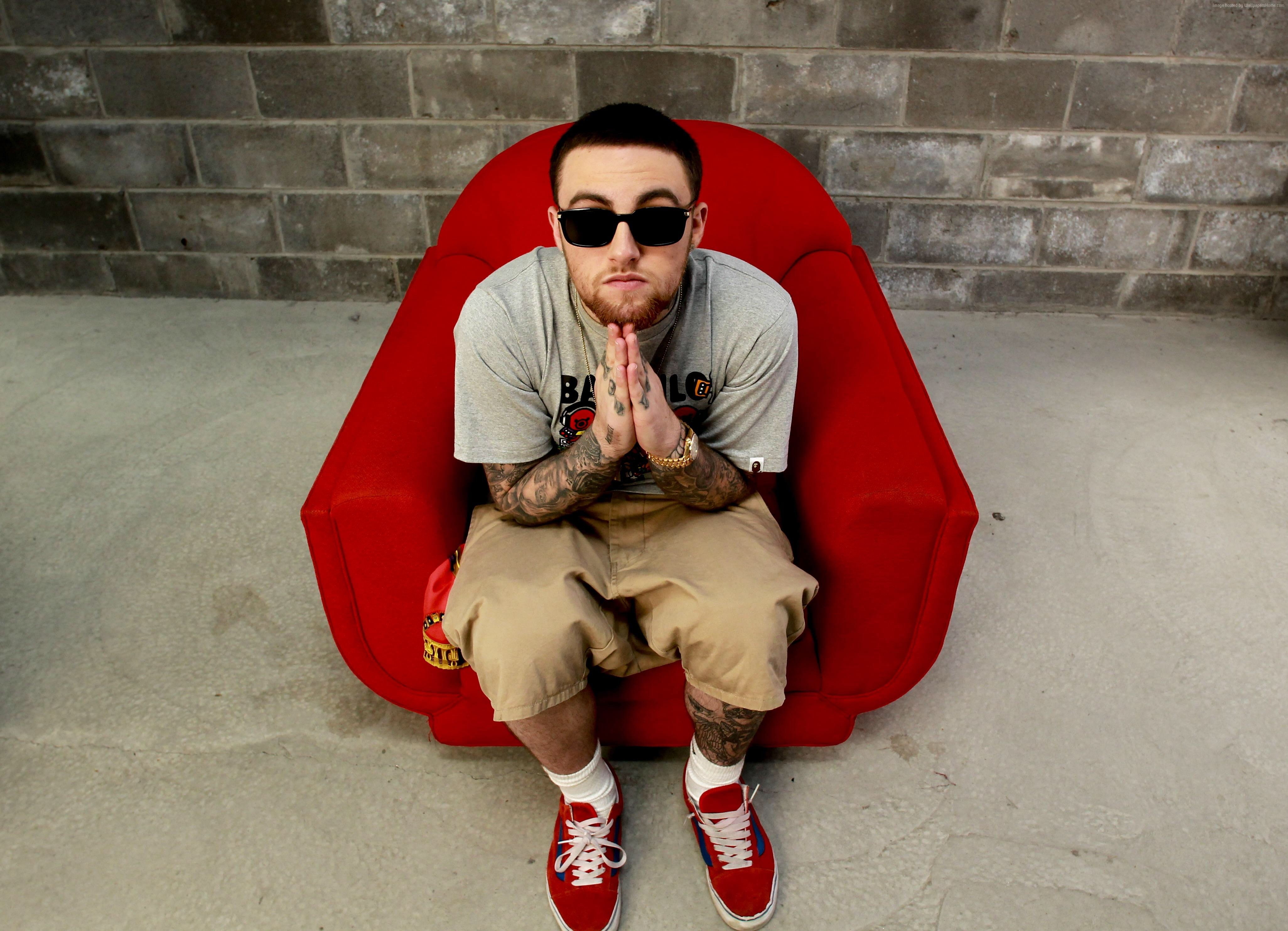 Mac Miller, men, wall - building feature, adult, lifestyles, hood - clothing, facial hair, red, full length, one person, staircase, beard, holding, 4K, HD Wallpaper