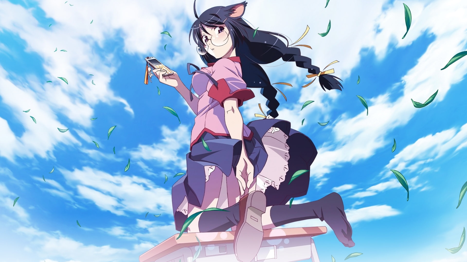 white skin, fan art, Hanekawa Tsubasa, clouds, Monogatari Series, 1080P, dark hair, anime, anime girls, clear sky, school uniform, HD Wallpaper