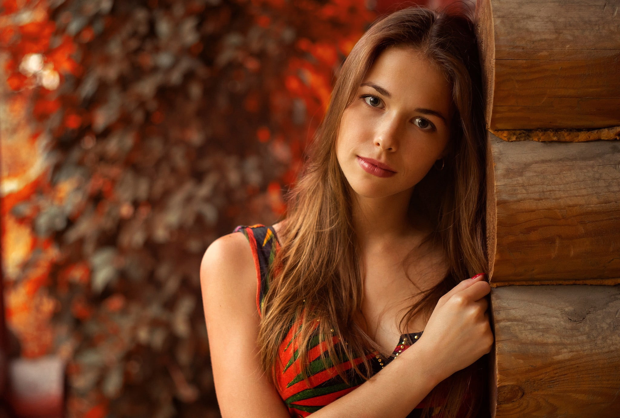 red lipstick, portrait, cleavage, contemplation, looking, women outdoors, autumn, brunette, one person, beautiful woman, young adult, women, adult, painted nails, HD Wallpaper