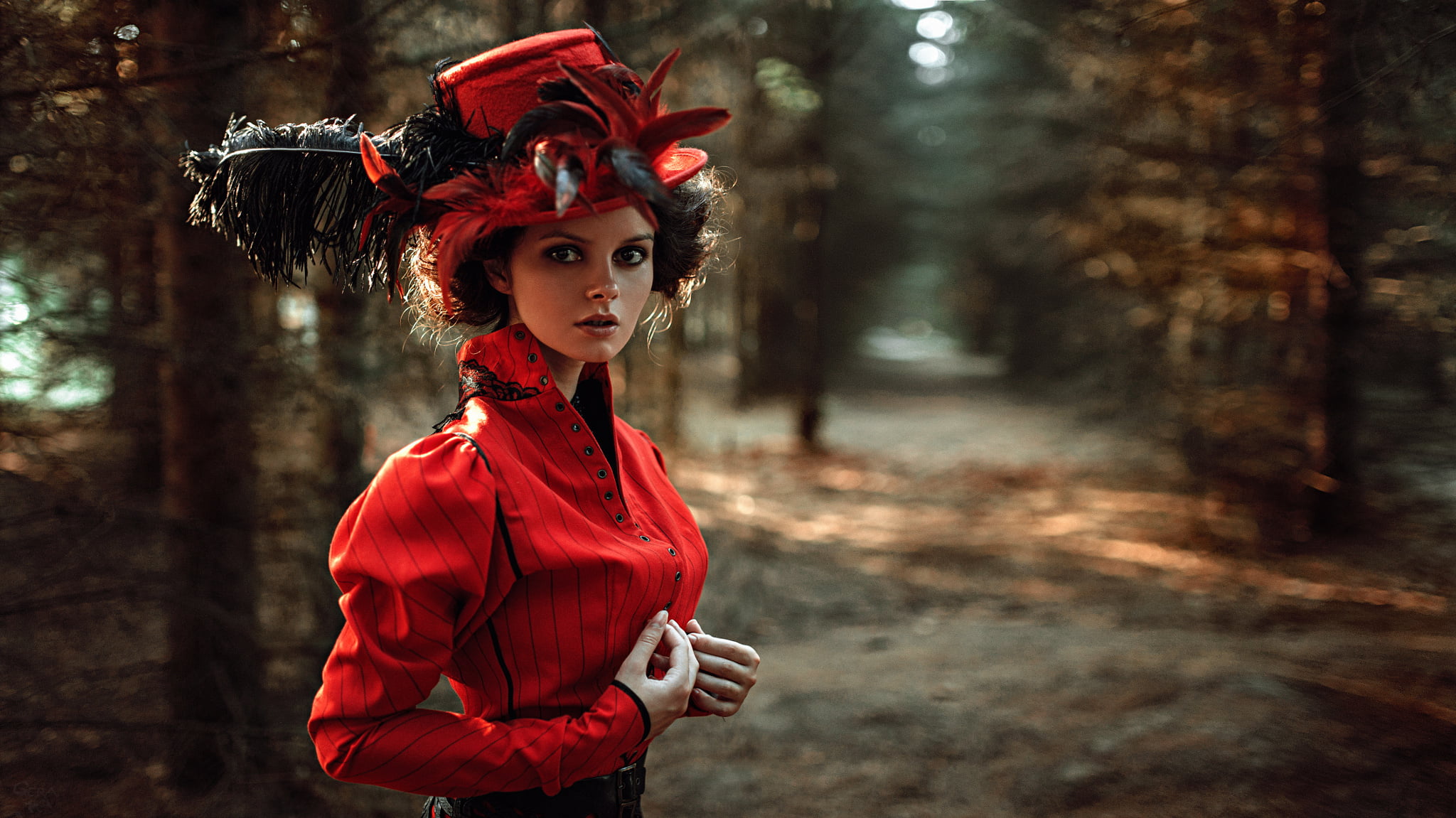 hair, russian, suit, forest, bright, adult, wearing, woodland, face, young women, clothing, hairstyle, females, cloth, headdress, girl, 1080P, George Chernyadev, HD Wallpaper