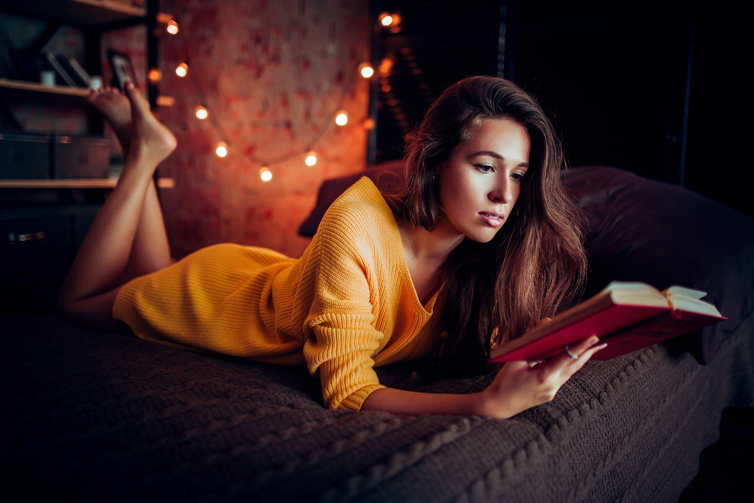 furniture, reading, activity, hairstyle, long hair, beautiful woman, young adult, barefoot, night, legs up, bed, young women, lying down, 1080P, hair, HD Wallpaper
