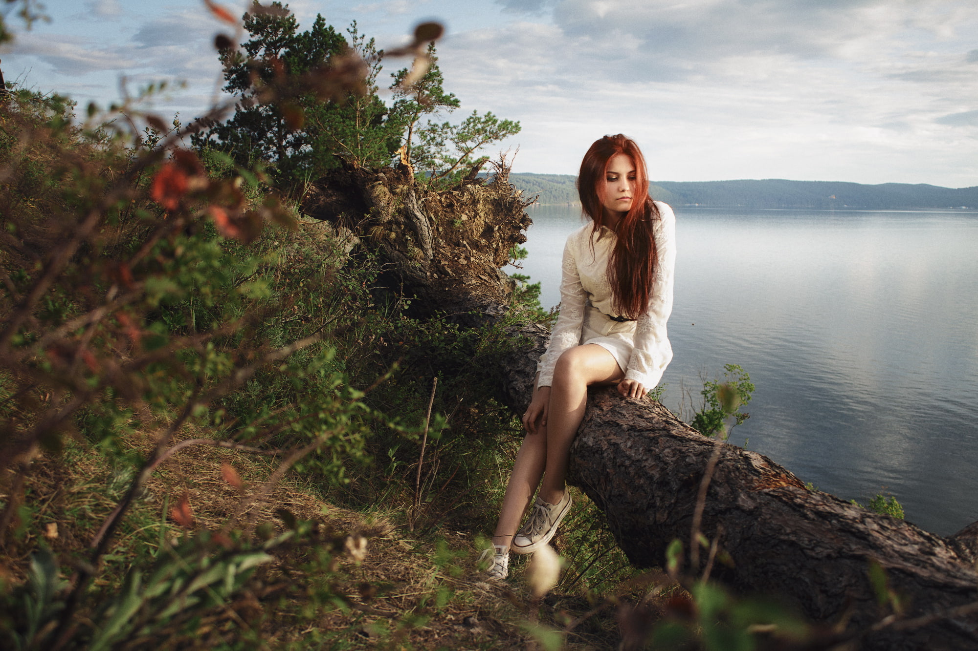 sitting, lake, portrait, beauty, sneakers, russian, dress, hill, feeling, grass, trees, patterns, summer, mountains, Ksenia Duryagina, young, pretty, Ksyusha, HD Wallpaper