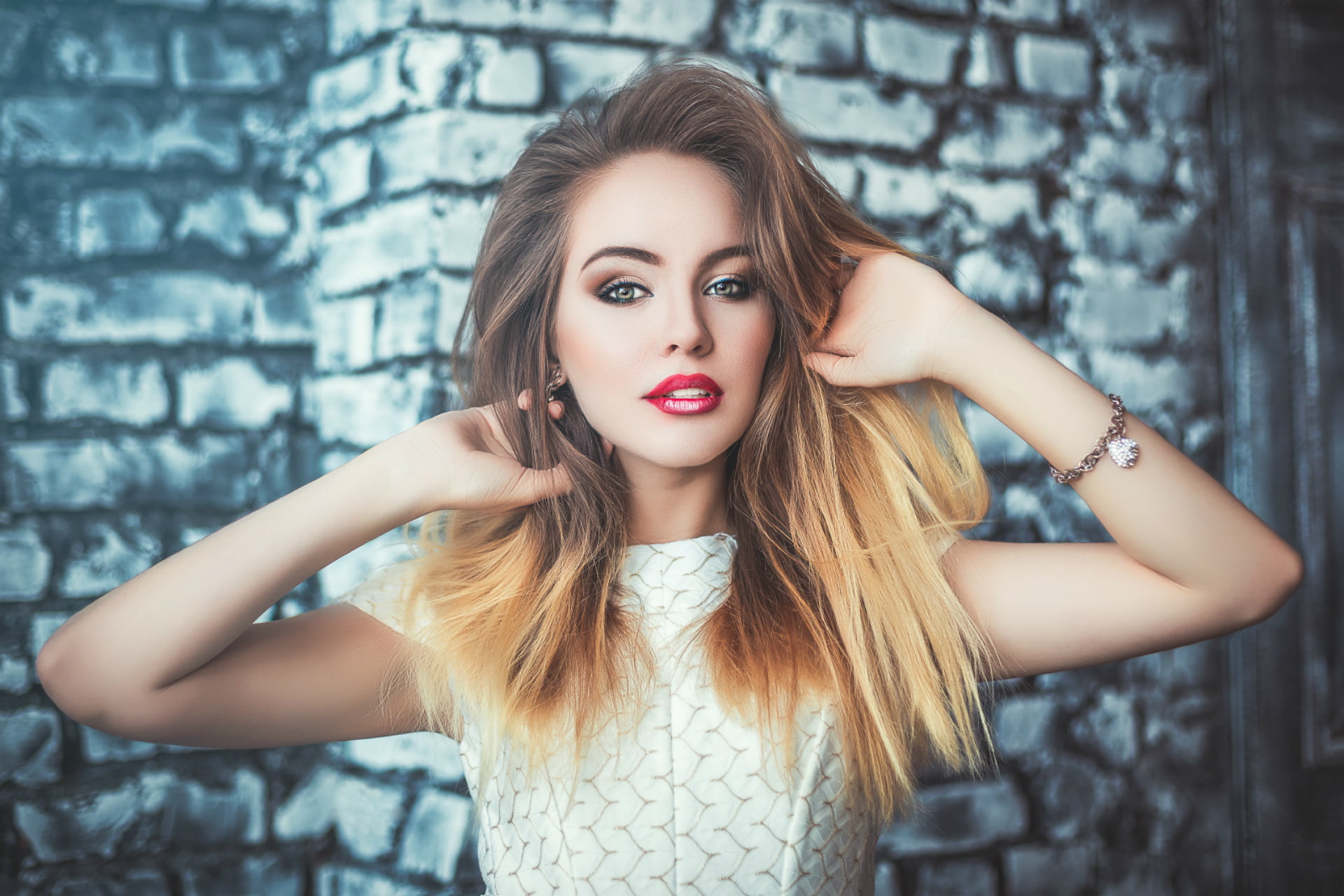 one person, sweet, beauty, fashion, lipstick, portrait, brown hair, make-up, makeup, white, look, beautiful woman, sweetheart, beautiful, teenager, hand in hair, HD Wallpaper