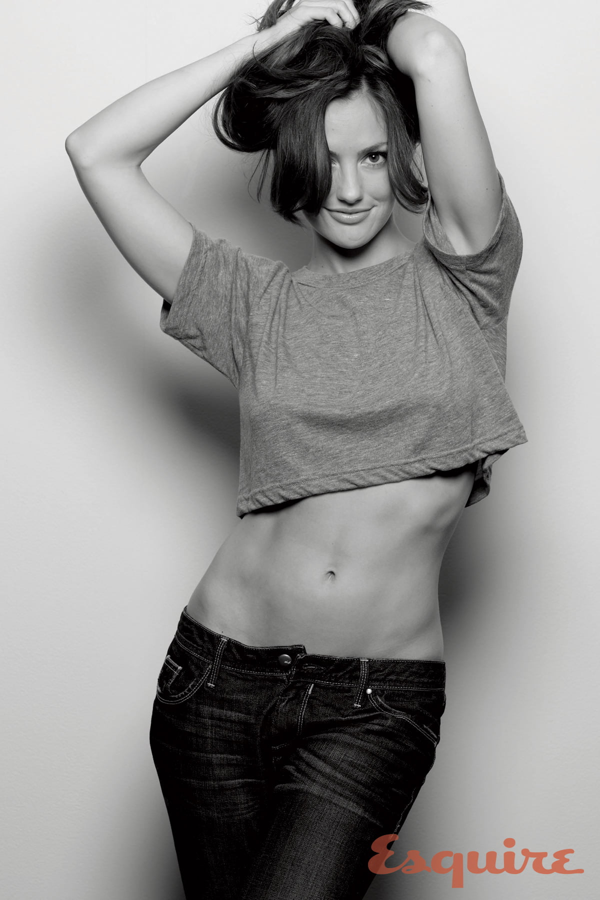 720P, brunette, women, arms up, monochrome, jeans, simple background, Esquire, actress, Minka Kelly, Phone HD Wallpaper