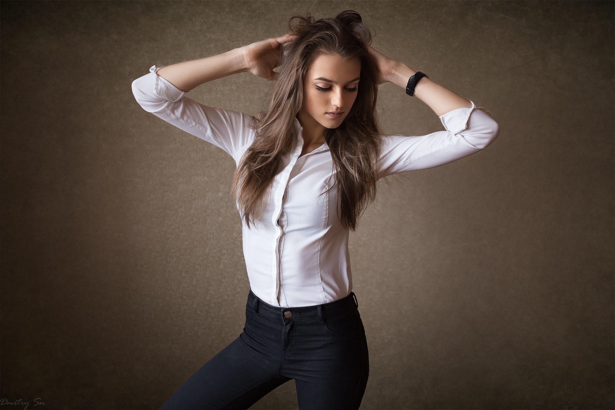 arms up, simple background, hands on head, Dmitry Shulgin, white shirt, women, 1080P, HD Wallpaper