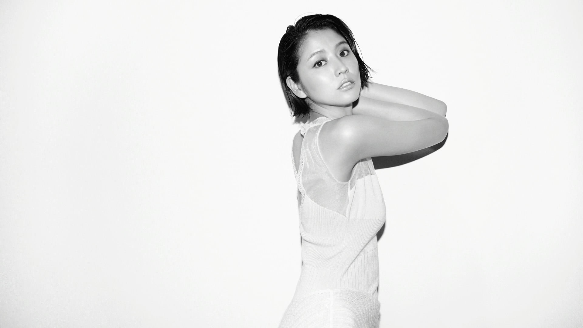 Asian, looking at camera, white clothing, one person, contemplation, hairstyle, young women, standing, Masami Nagasawa, short hair, teenager, women, monochrome, HD Wallpaper