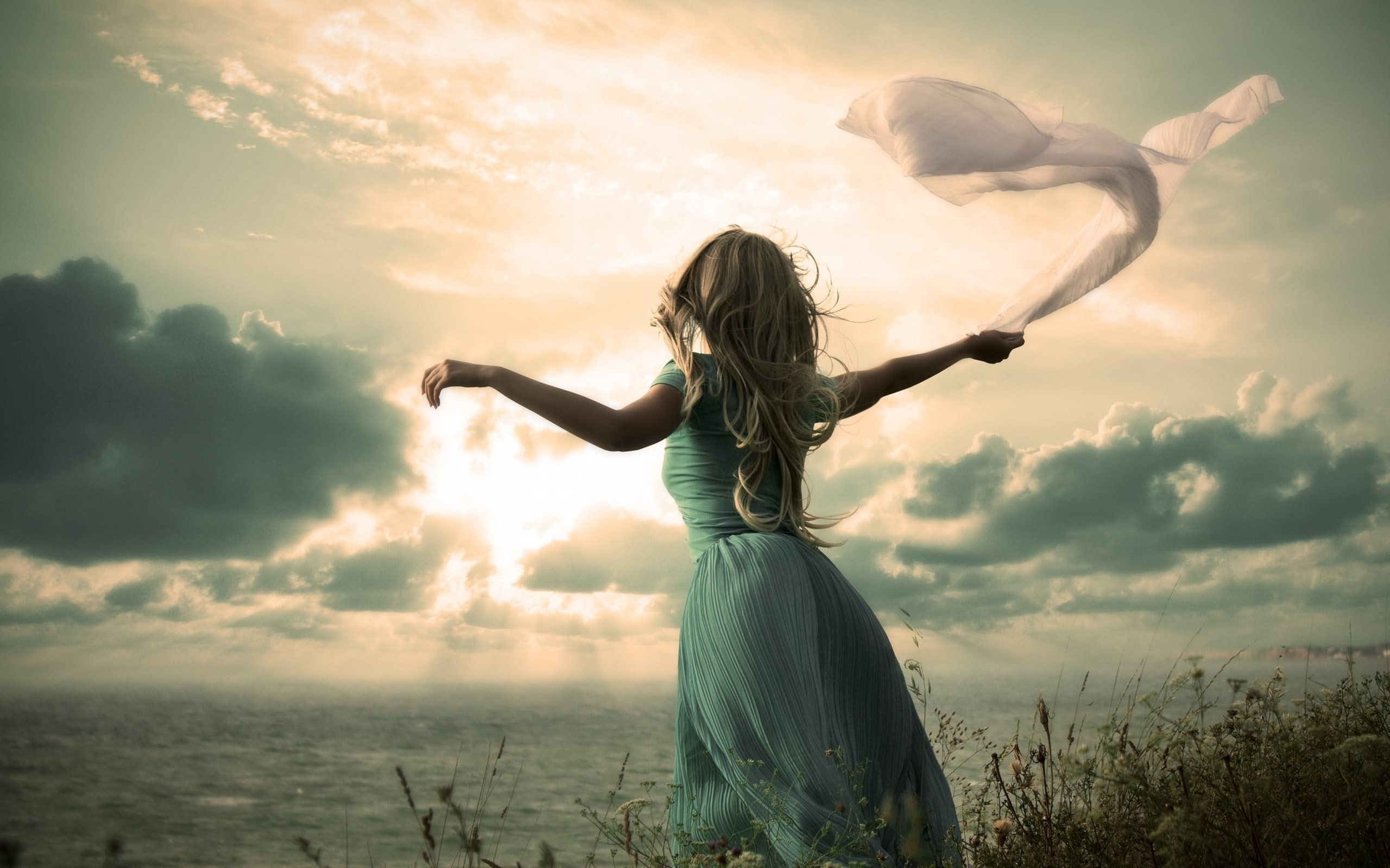 land, tranquility, arms raised, human arm, tranquil scene, hot girl picture 2560x1600, 2K, real people, standing, water, beauty in nature, sky, scenics - nature, HD Wallpaper