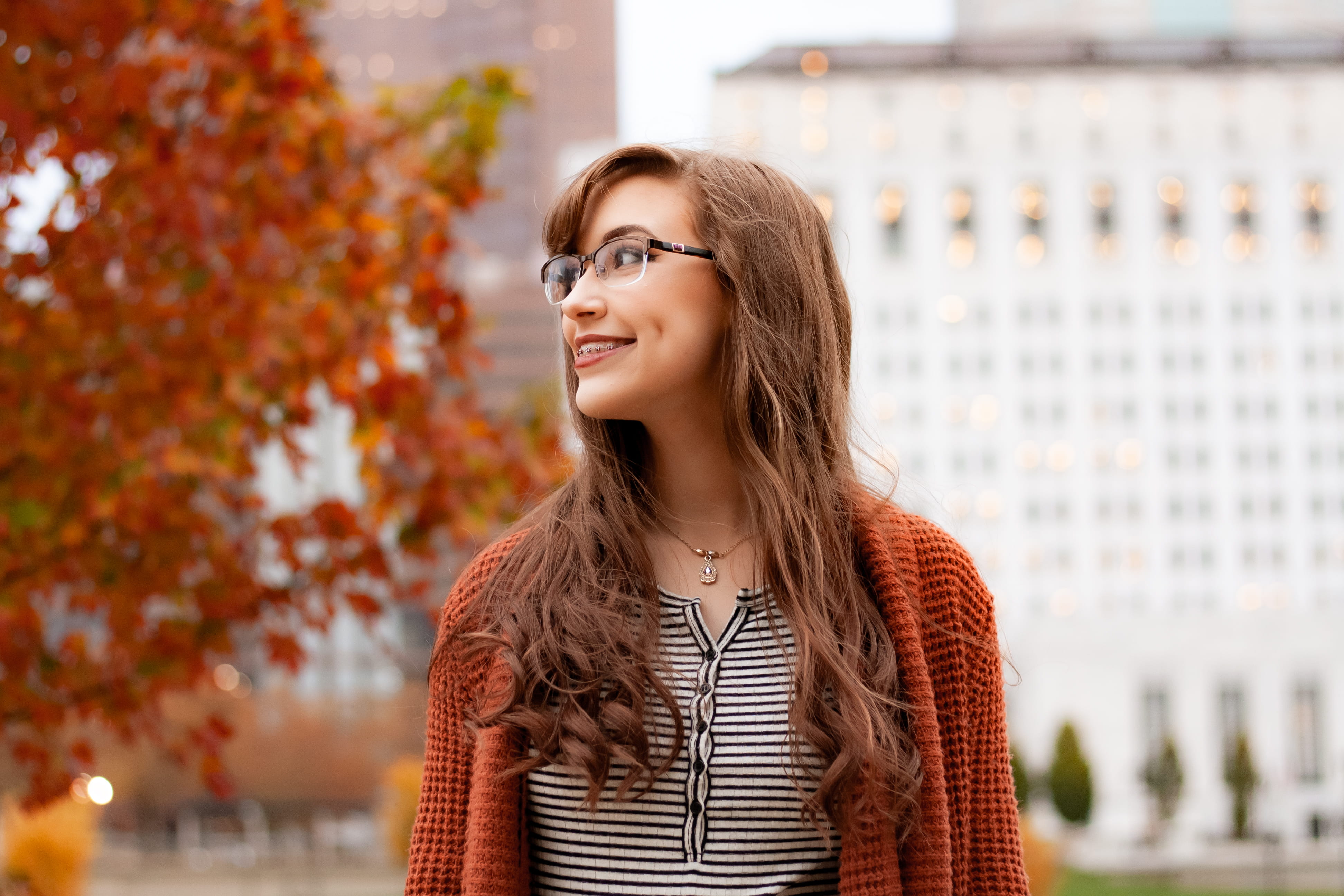 glasses, knitted sweater, happiness, standing, beauty, architecture, beautiful woman, blur, hair, adult, beautiful, long hair, one person, woman, smile, HD Wallpaper