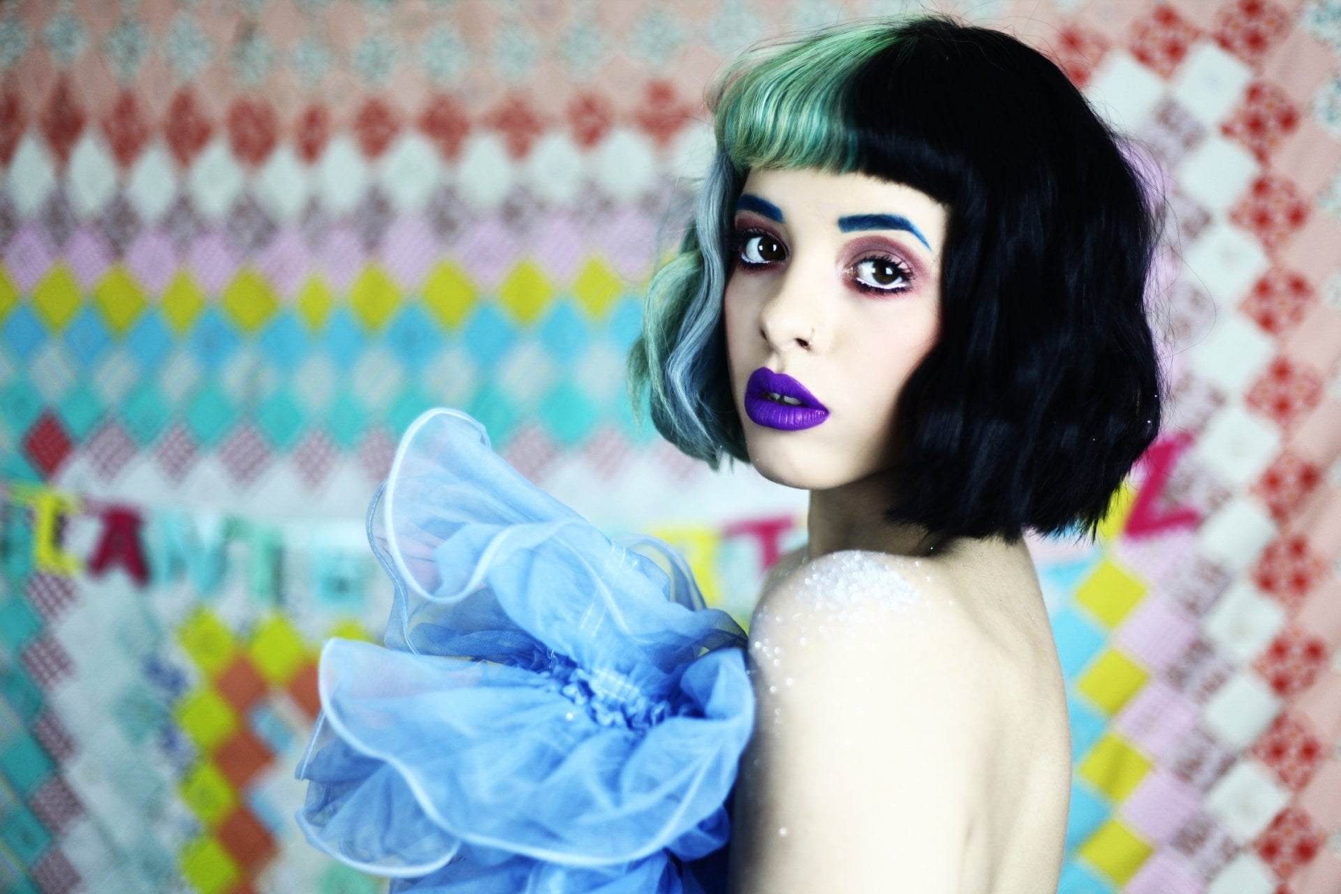 portrait, women, Melanie Martinez, multi colored, indoors, hair, looking at camera, lipstick, contemplation, young adult, fashion, hairstyle, 1080P, one person, HD Wallpaper