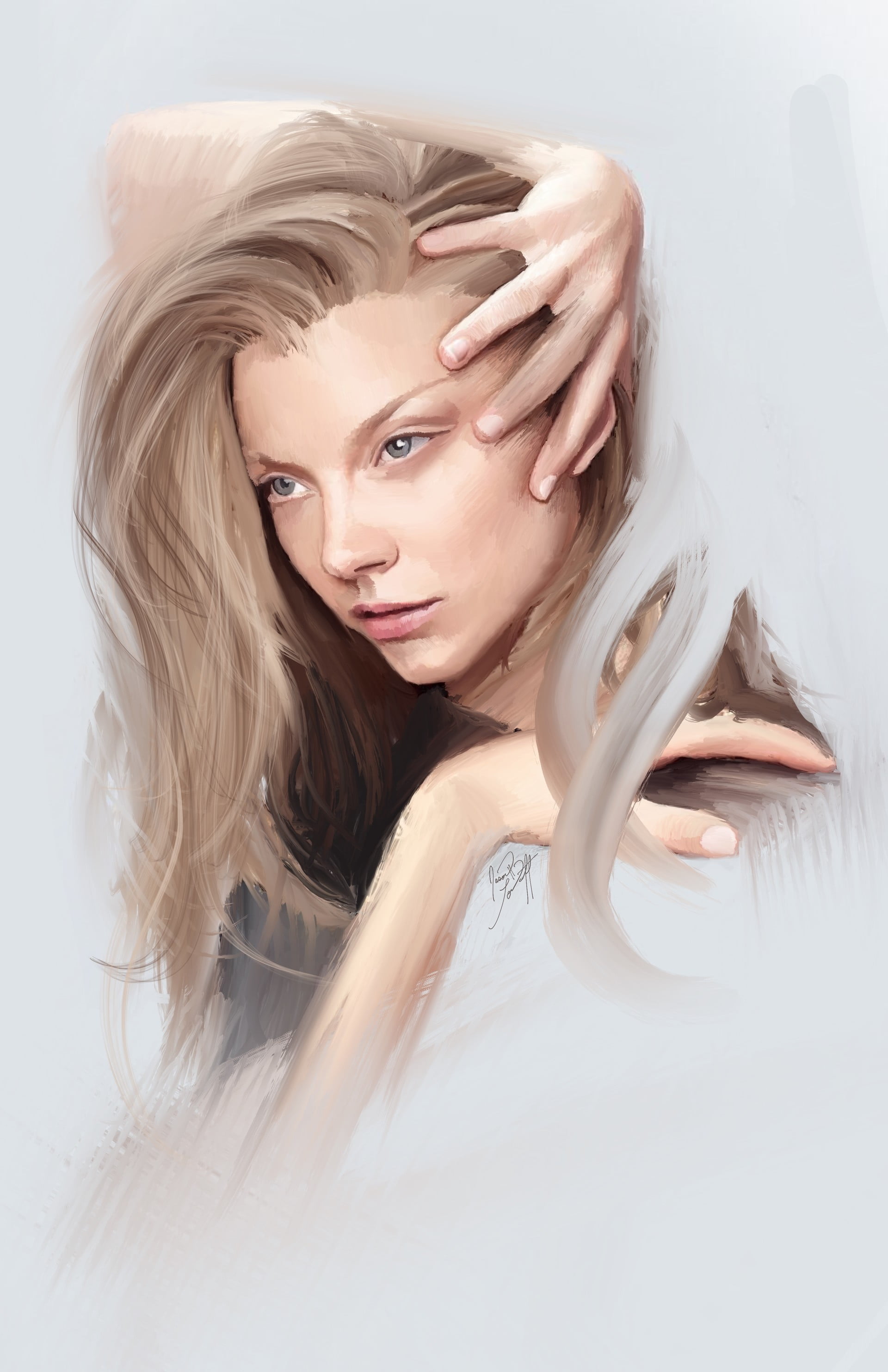 blond hair, Jason Longstreet, blue eyes, looking at the side, blonde, fan art, portrait, arm behind head, face, pink lipstick, women, eyes, artwork, hand on head, Phone HD Wallpaper