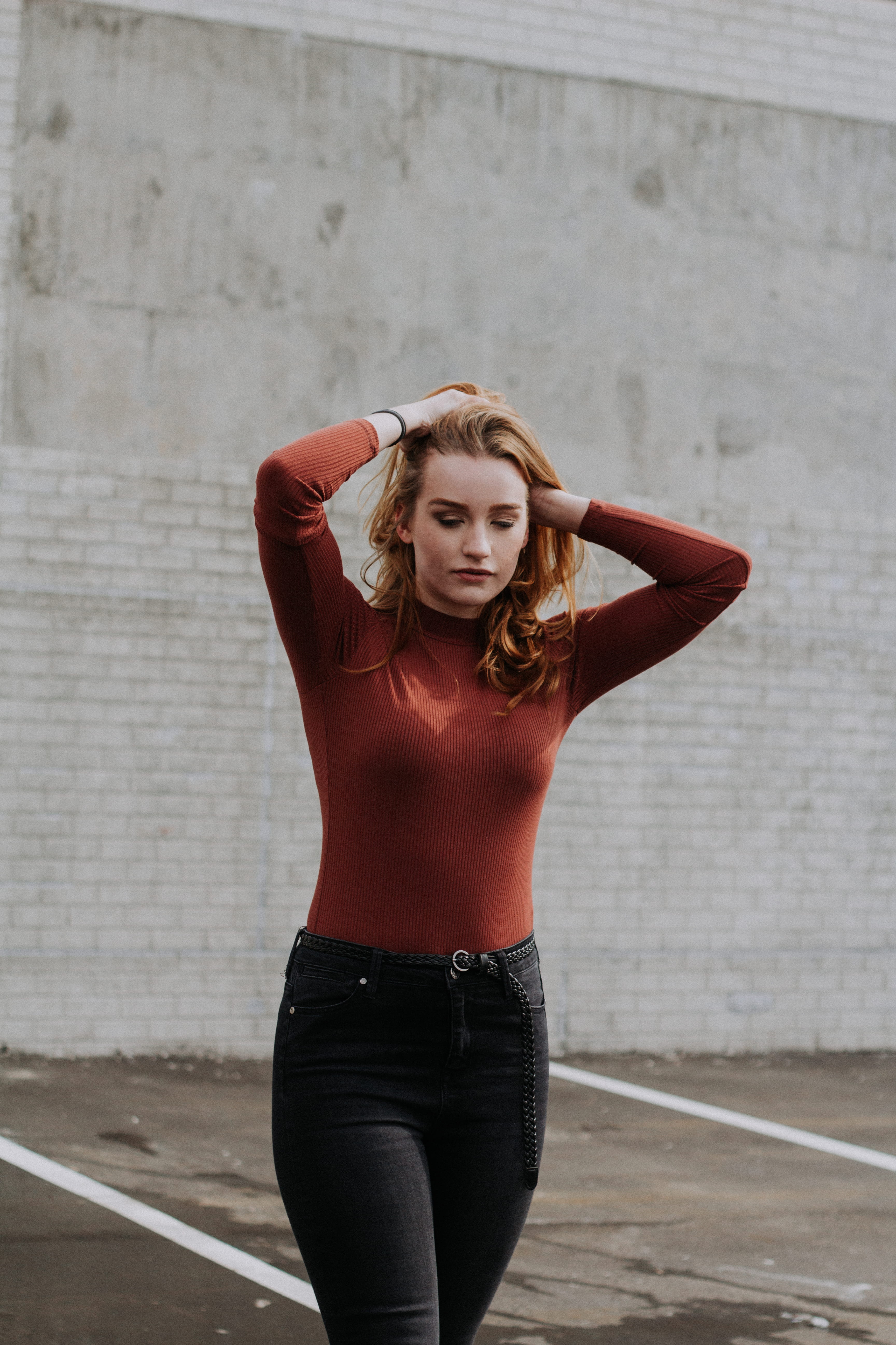 clothing, hand in hair, redhead, lifestyles, leisure activity, front view, standing, one person, near, young adult, beautiful woman, focus on foreground, Phone HD Wallpaper