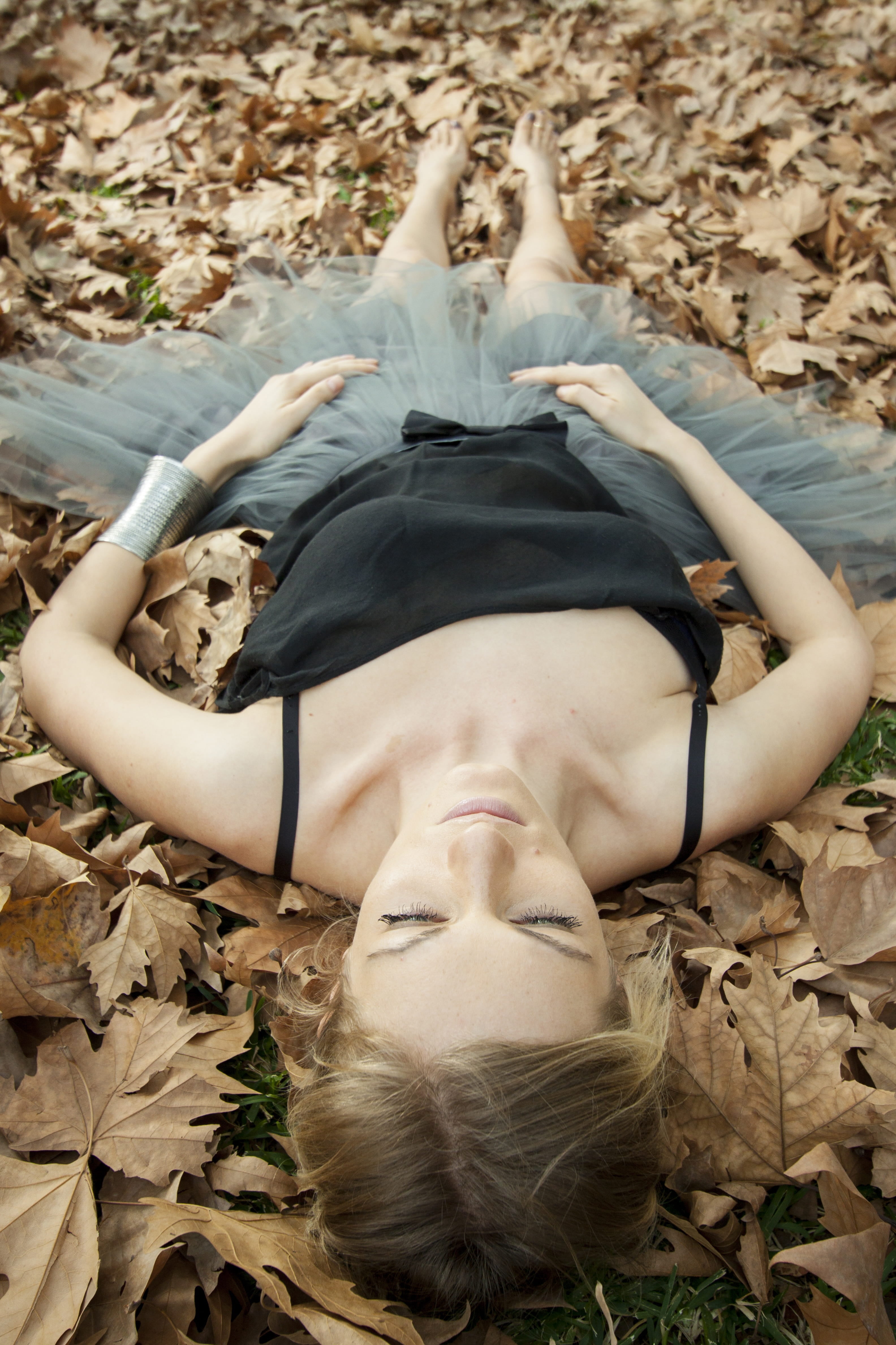 front view, lifestyles, day, teenager, adults only, black, gray, dead, high angle view, fine arts, brown, lying down, autumn, woman, human, people, nature, Phone HD Wallpaper