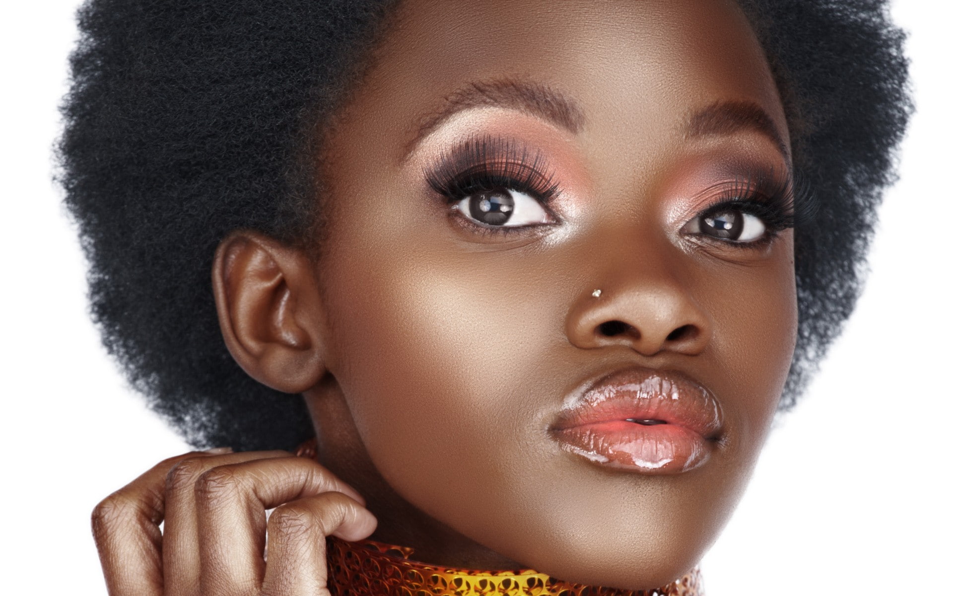 beauty, young women, pierced nose, studio shot, fashion, human face, make-up, black, human body part, hairstyle, white background, young adult, human lips, HD Wallpaper