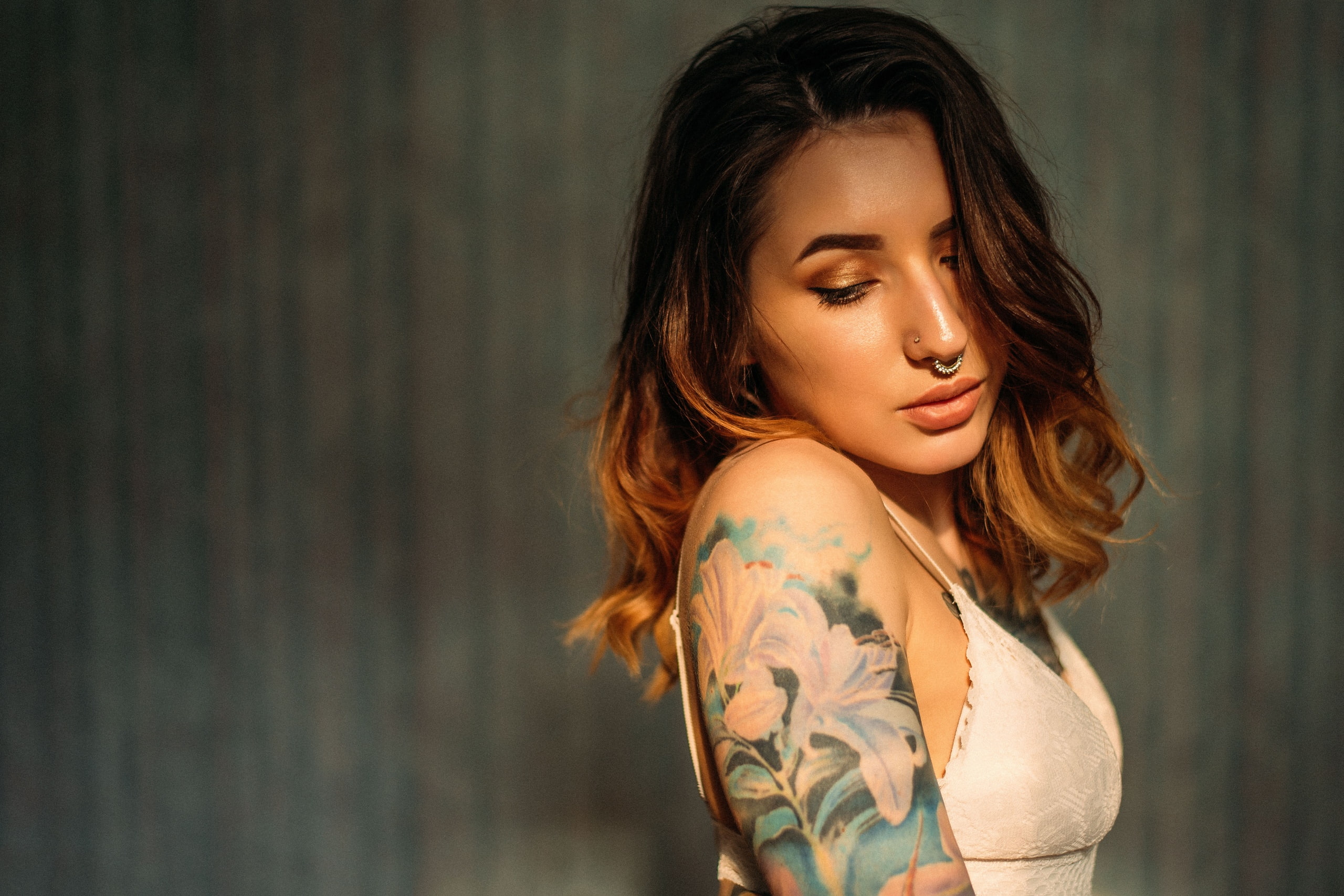 dyed hair, tattoo, pierced nose, 2K, wall, women, portrait, HD Wallpaper