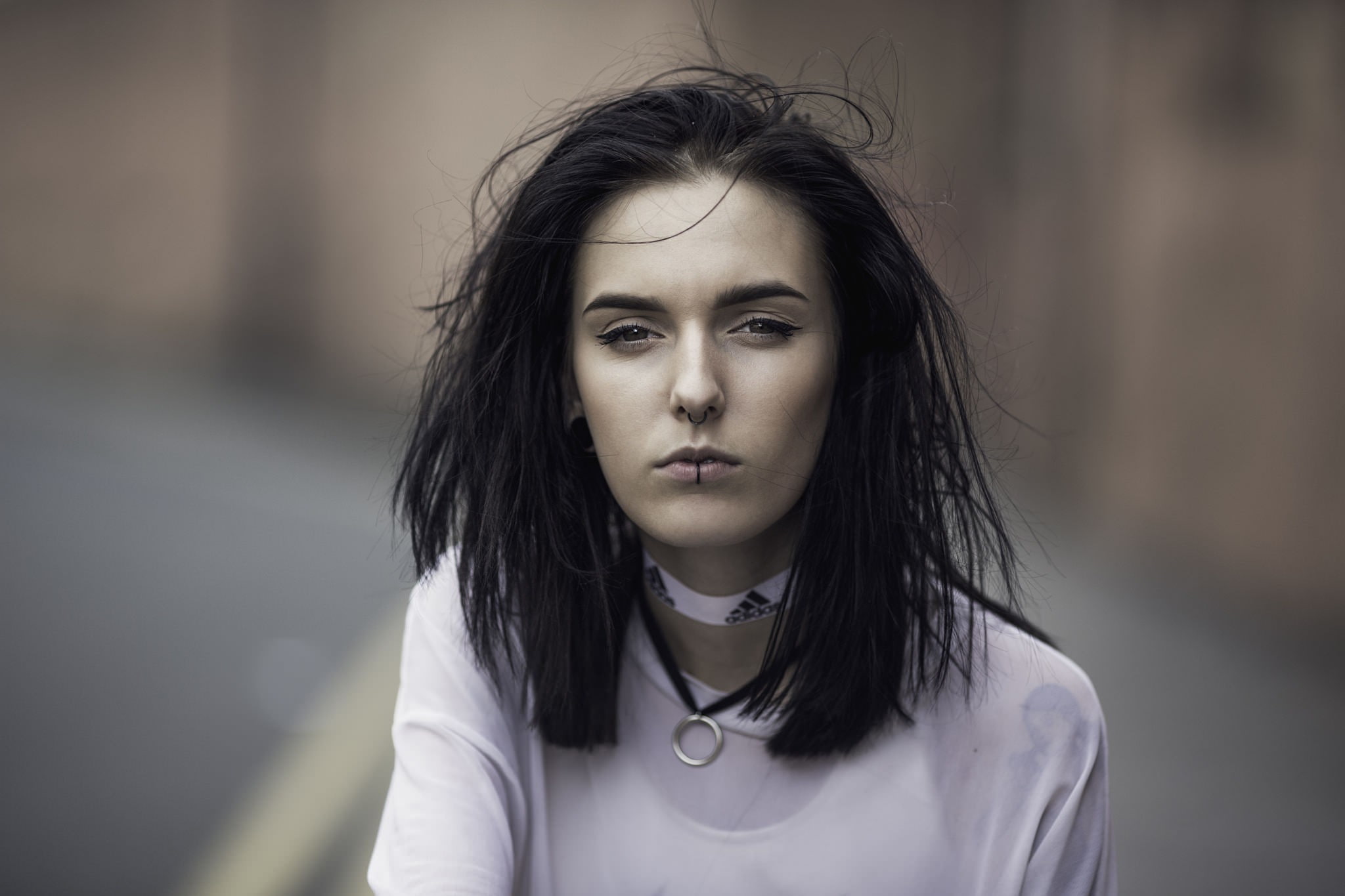 casual clothing, beauty, face, piercing, long hair, nose rings, real people, contemplation, lifestyles, hairstyle, looking at camera, front view, women, HD Wallpaper