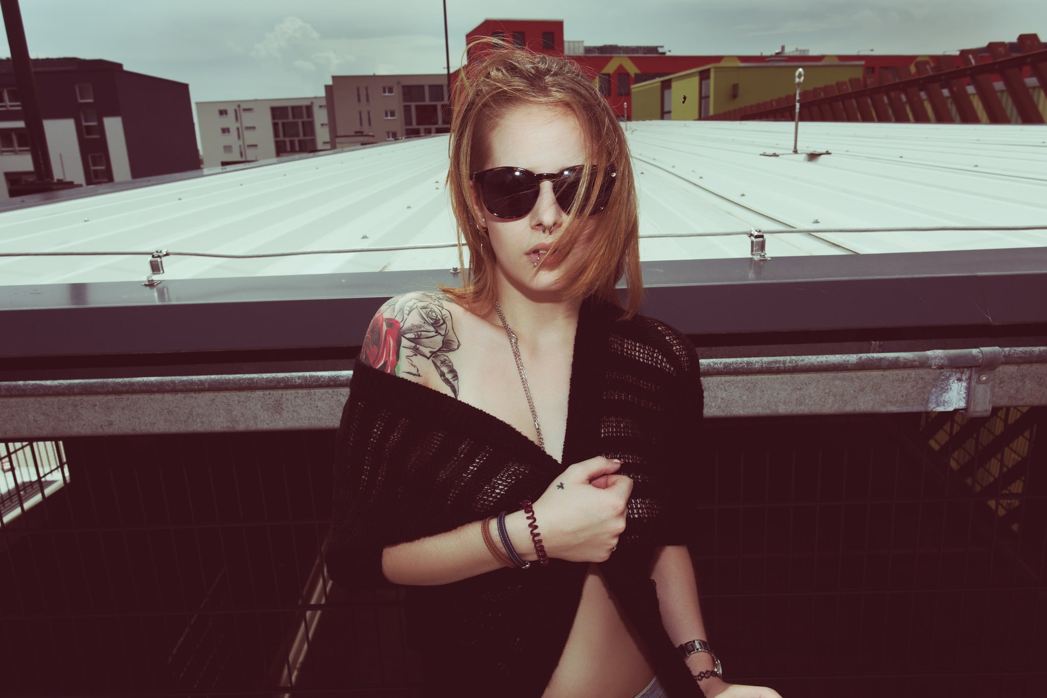 tattoo, women with glasses, 1080P, face, nose rings, women, portrait, piercing, HD Wallpaper