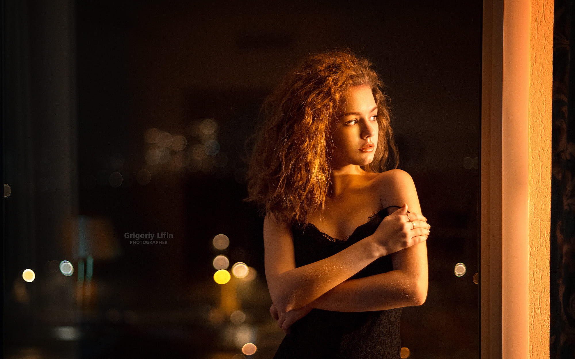 long hair, no bra, chemise, standing, warm colors, 1080P, window, women, looking away, Alina Zaslavskaya, redhead, Grigoriy Lifin, HD Wallpaper