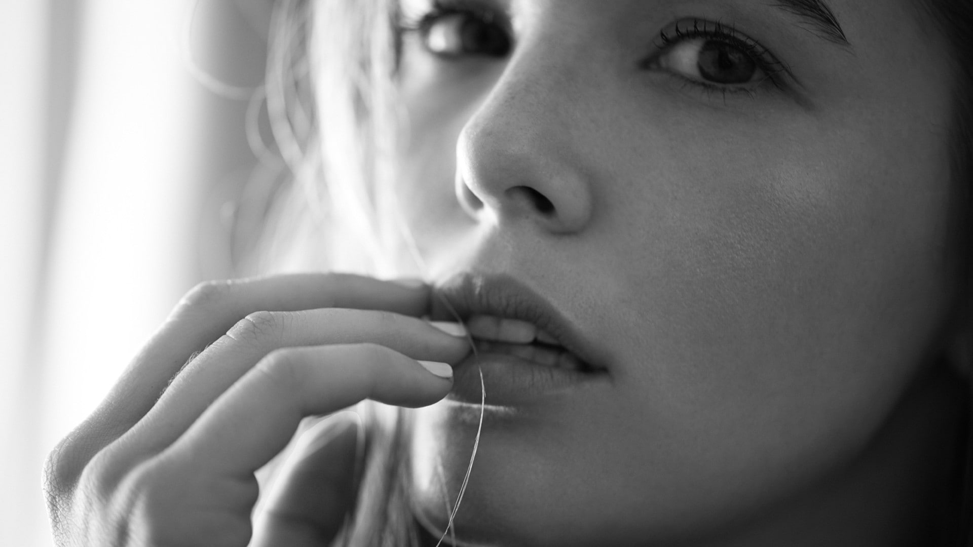 portrait, monochrome, lifestyles, drinking, one person, close-up, 1080P, headshot, human body part, human hand, holding, finger on lips, beautiful woman, HD Wallpaper