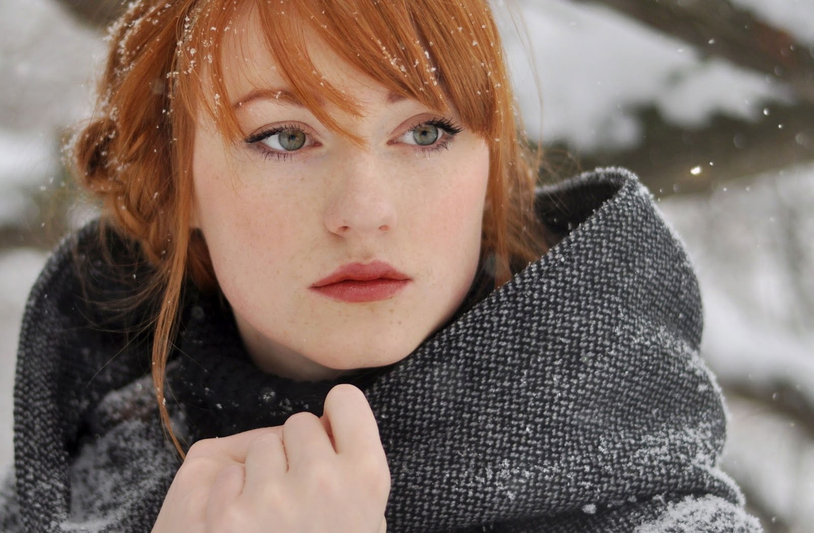 women outdoors, 720P, women, coats, grey coat, braids, Alina Kovalenko, redhead, snow, looking away, HD Wallpaper