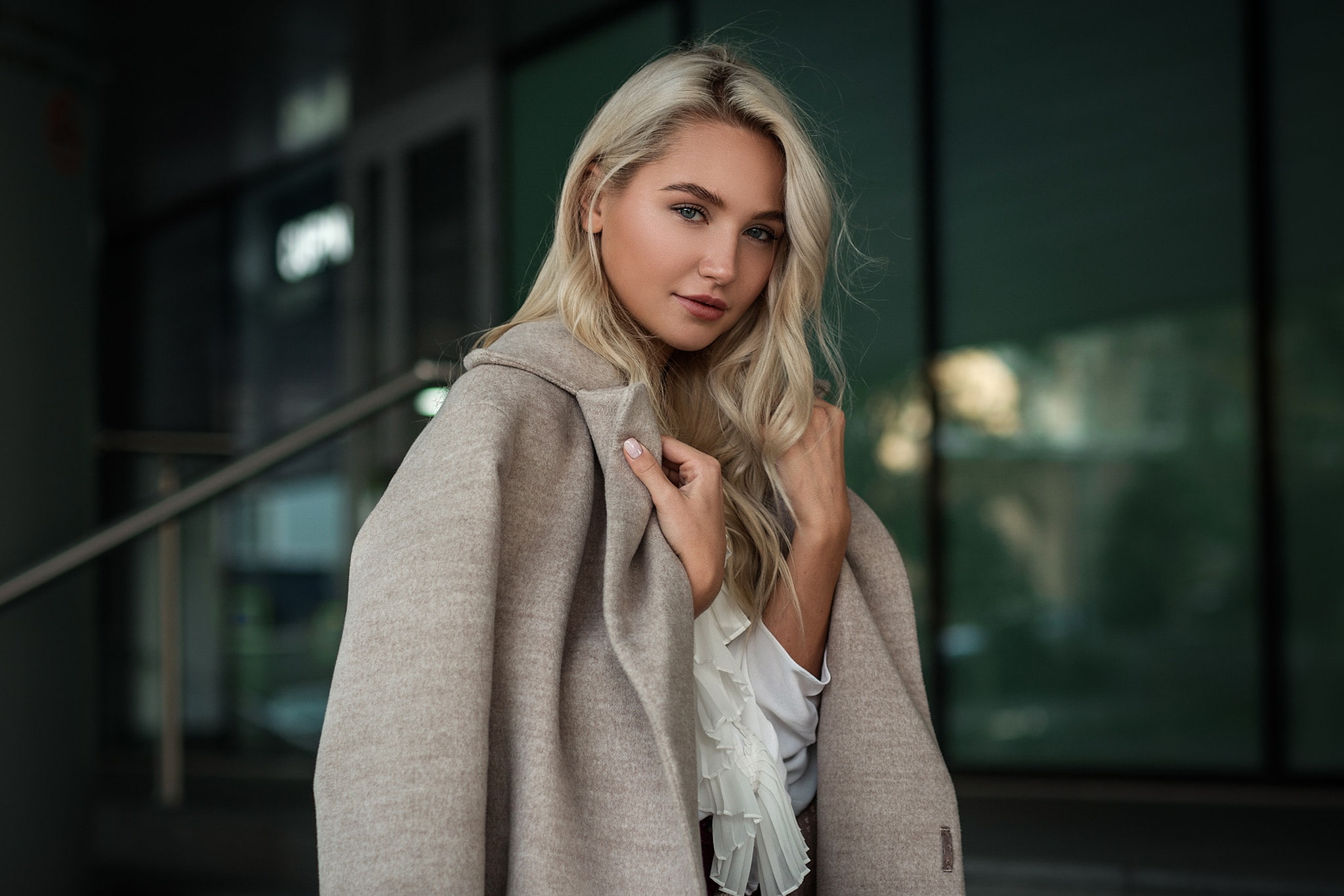 one person, grey coat, beautiful woman, lifestyles, 1080P, blond hair, hairstyle, real people, looking at camera, long hair, waist up, contemplation, blonde, HD Wallpaper
