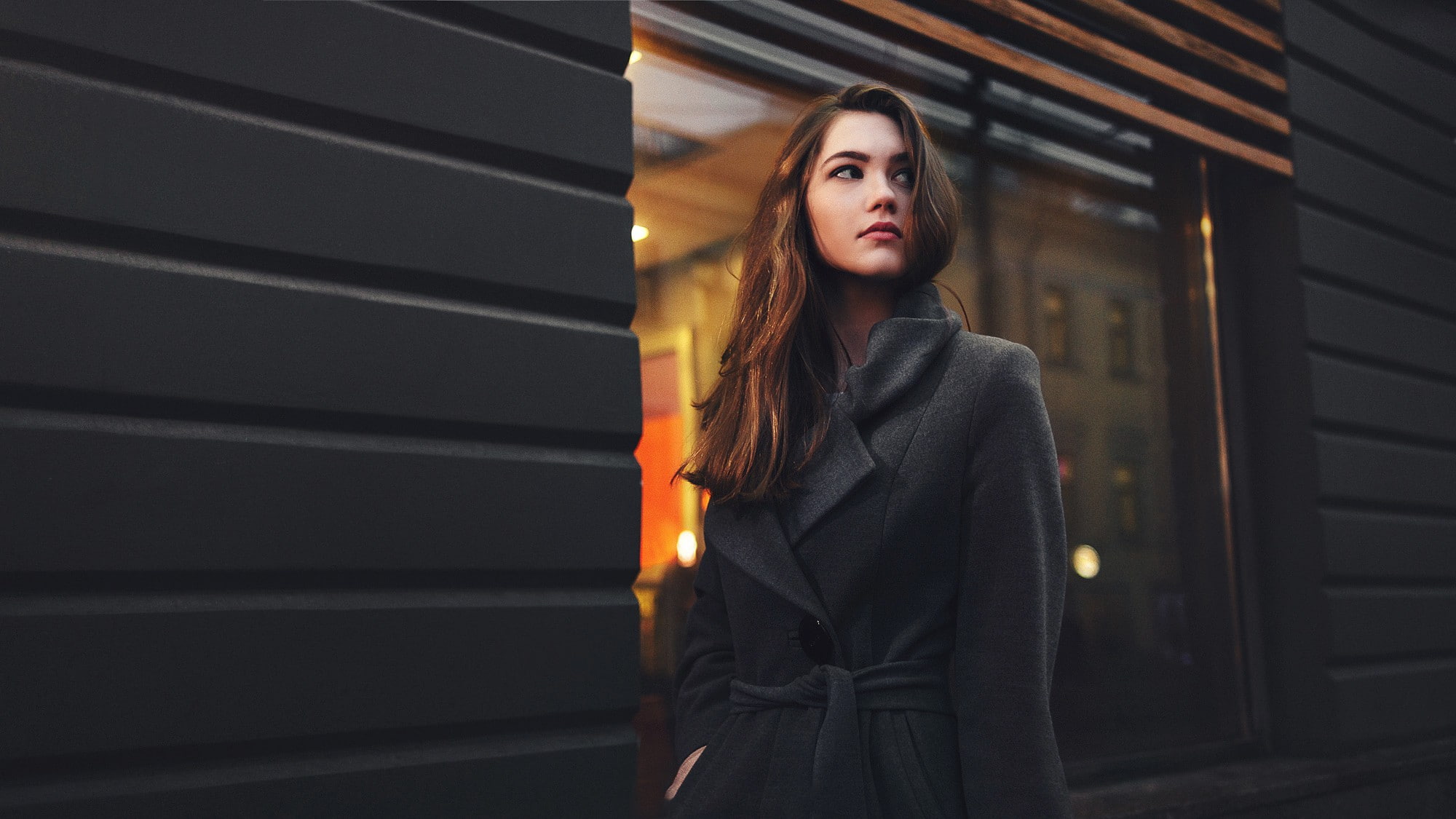 model, women, one person, coats, black coat, grey coat, illuminated, standing, hair, 1080P, young adult, women outdoors, young women, front view, contemplation, HD Wallpaper