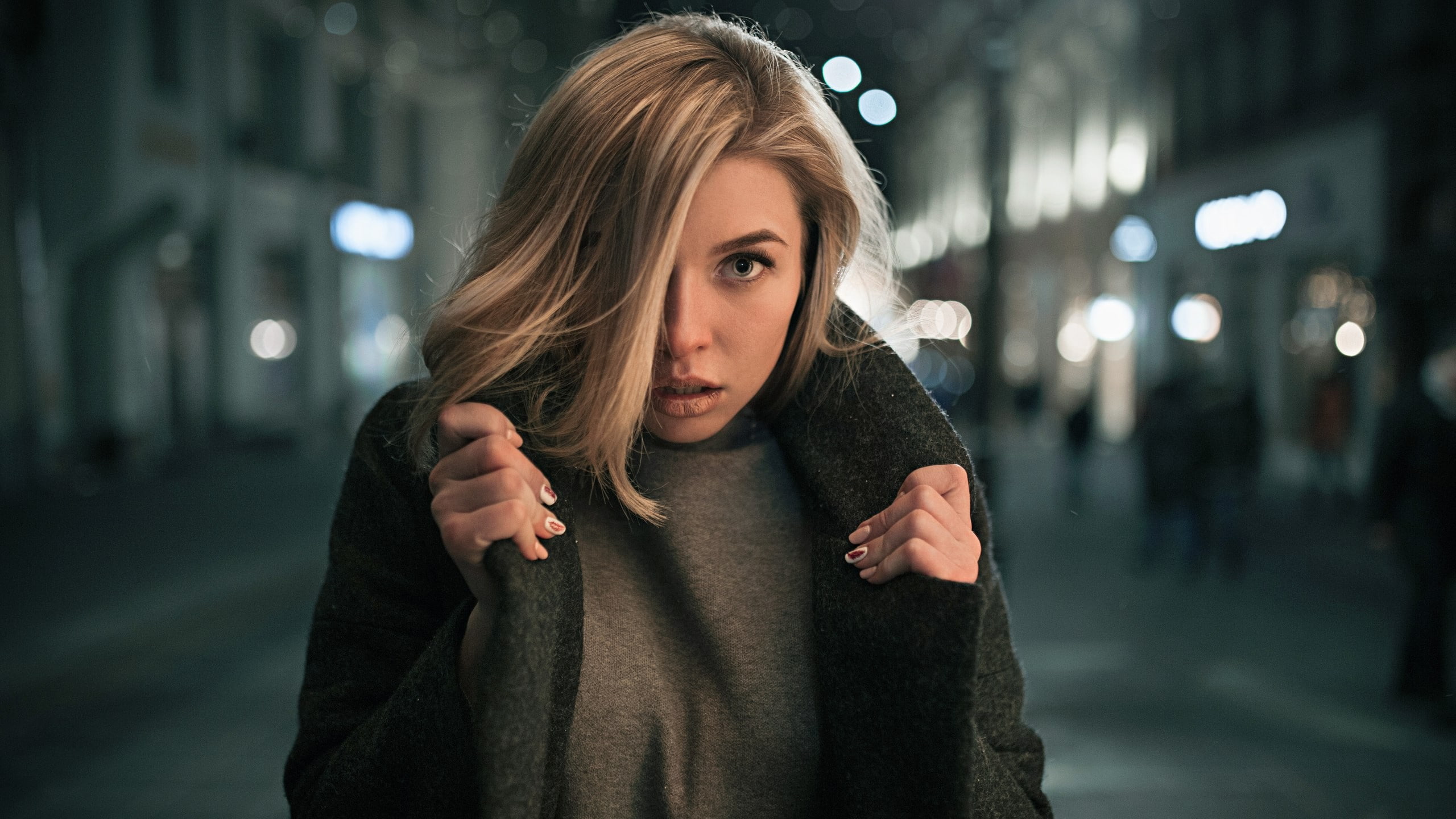 blonde, hairstyle, grey coat, blond hair, women outdoors, black coat, city, hair in face, city life, beauty, casual clothing, beautiful woman, emotion, HD Wallpaper