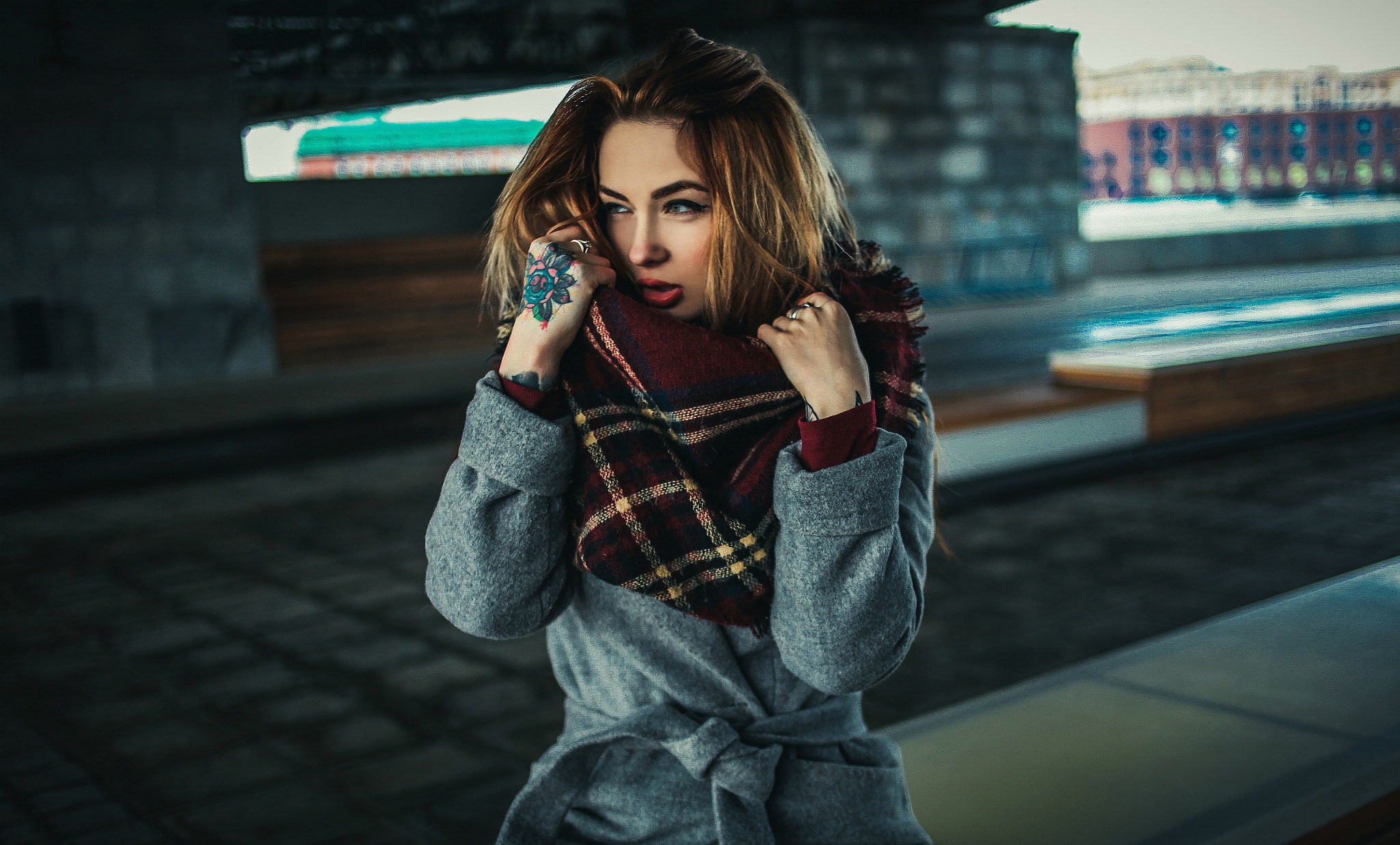 portrait, outdoors, front view, tattoo, city, grey coat, built structure, beauty, young adult, lifestyles, transportation, clothing, focus on foreground, HD Wallpaper
