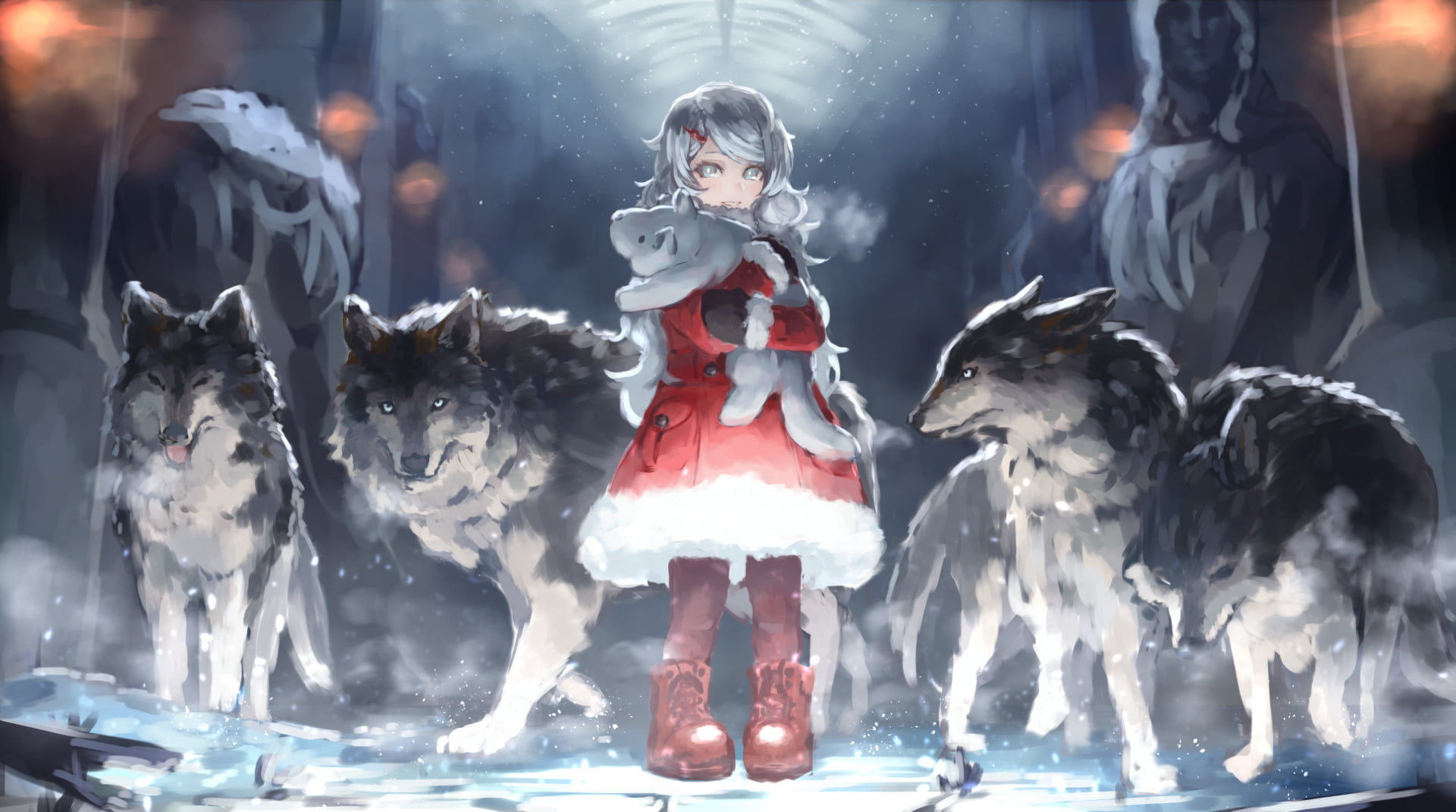 representation, 1080P, Coat, Stuffed Animal, Aqua Eyes, cold temperature, Grey Hair, Girl, mammal, human representation, Animal, Wolf, illuminated, digital, HD Wallpaper