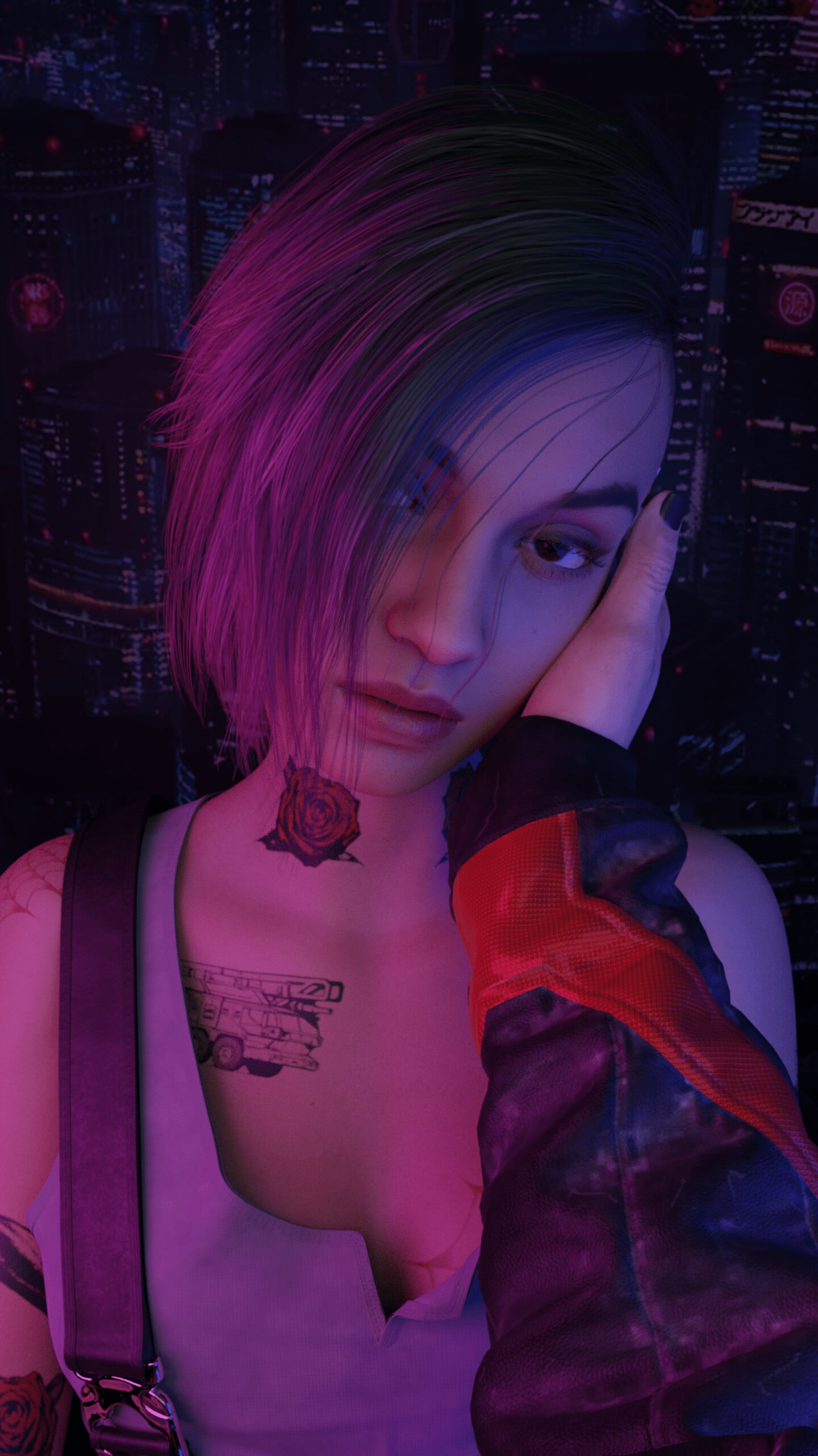 fan art, Judy Alvarez, cyberpunk, Cyberpunk 2077, portrait display, tattoo, vertical, video game girls, digital art, screen shot, Danila Shade, touching face, Phone HD Wallpaper