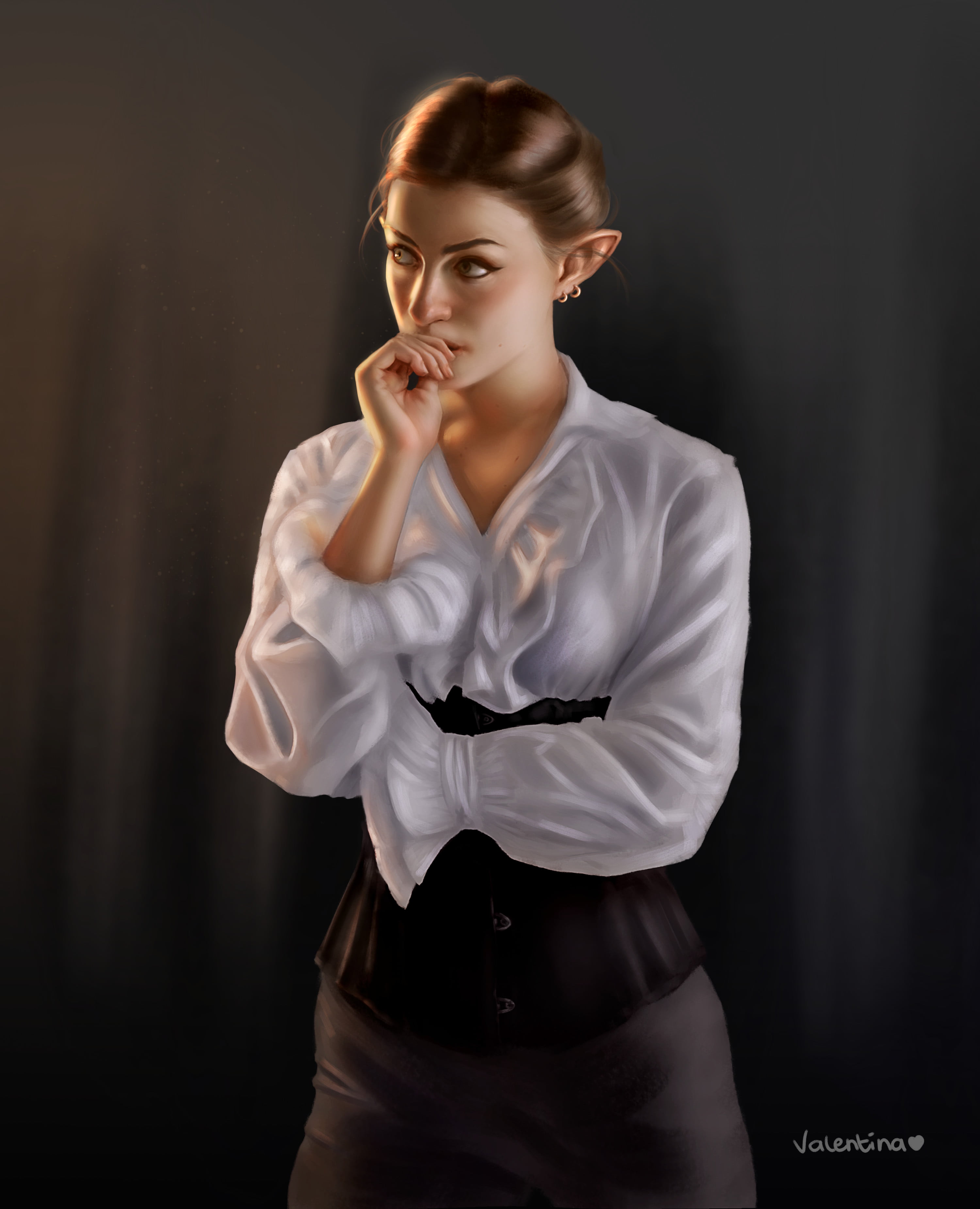 white clothing, digital painting, caressing, looking at the side, white dress, brown eyes, elves, artwork, yellow eyes, digital art, touching face, hair, Phone HD Wallpaper
