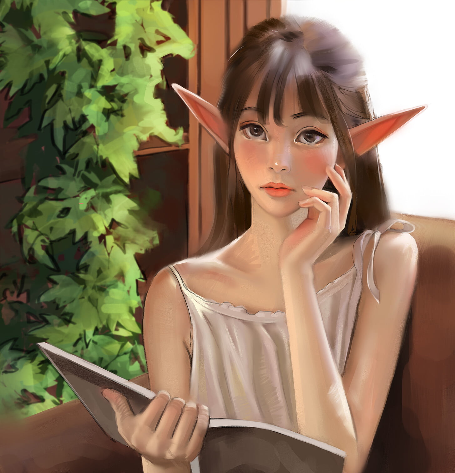 ArtStation, brunette, white tops, digital art, leaves, artwork, touching face, digital painting, drawing, long hair, women, sitting, 720P, brown eyes, Phone HD Wallpaper