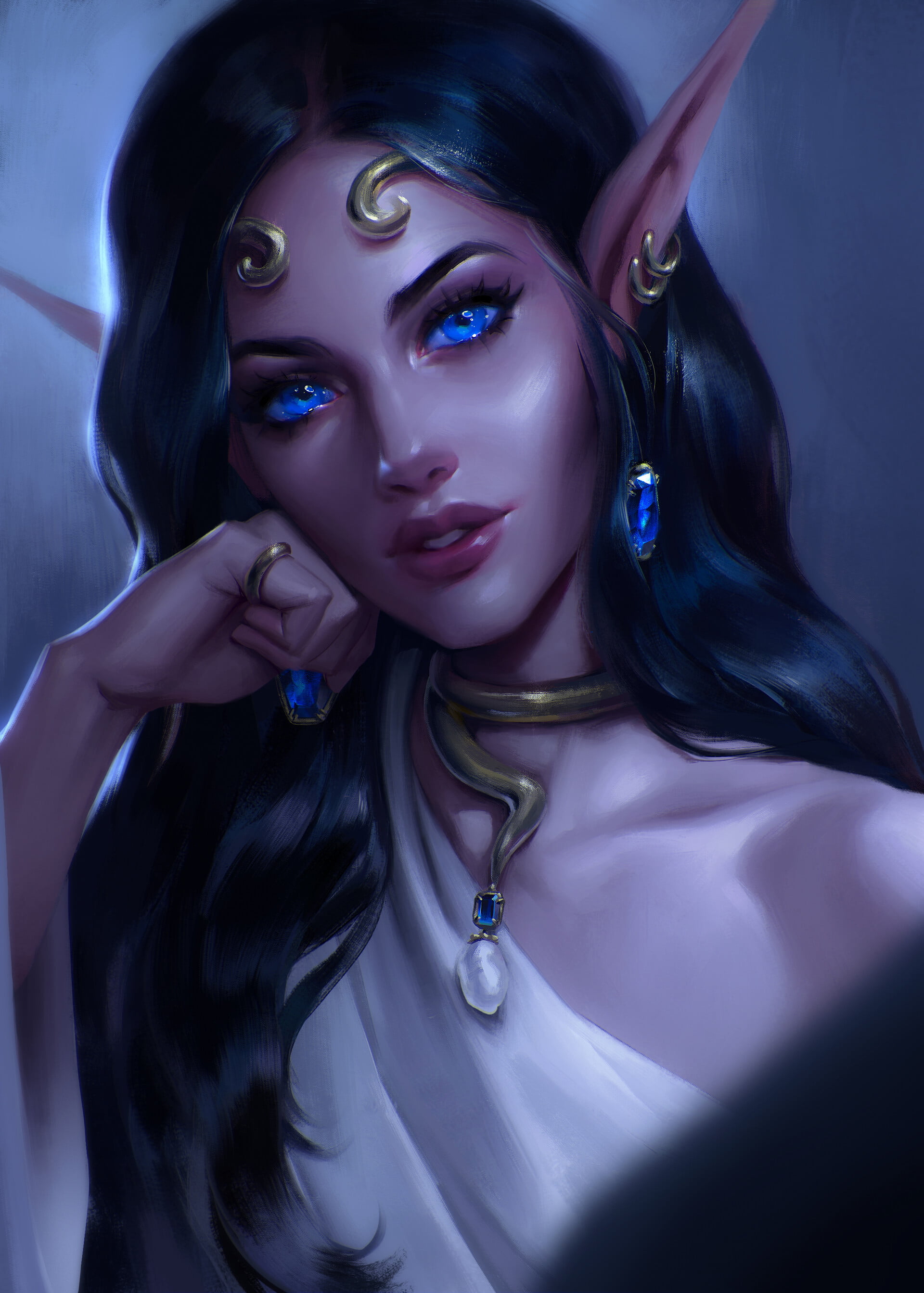 blue eyes, Natalie Stan, dark hair, open mouth, looking at viewer, digital art, long hair, portrait, digital painting, glowing eyes, pointed ears, fan art, Phone HD Wallpaper