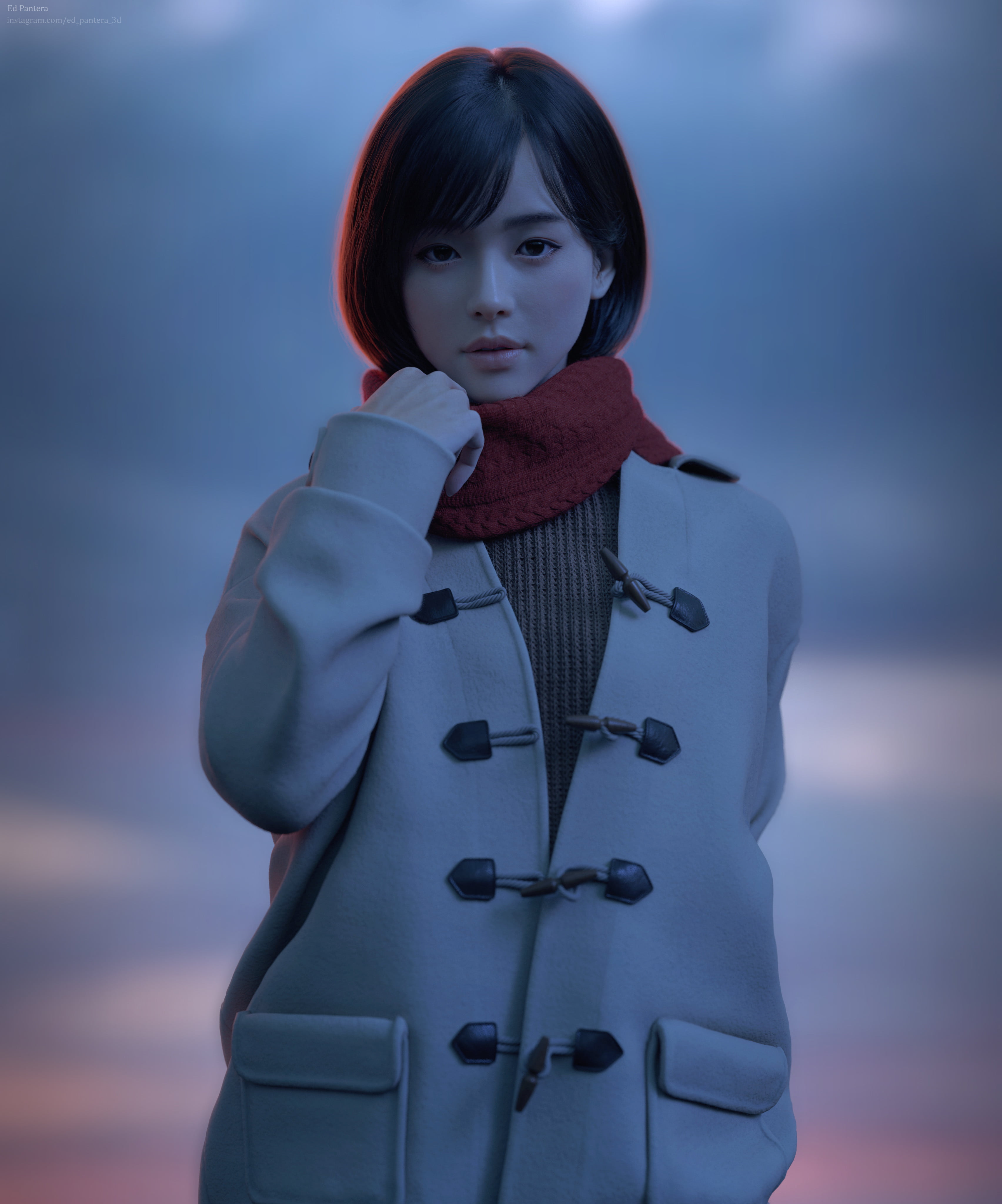3D, women, short hair, caressing, white coat, Ed Pantera, open mouth, ArtStation, artwork, looking at viewer, Asian, portrait display, CGI, coats, 4K, Phone HD Wallpaper