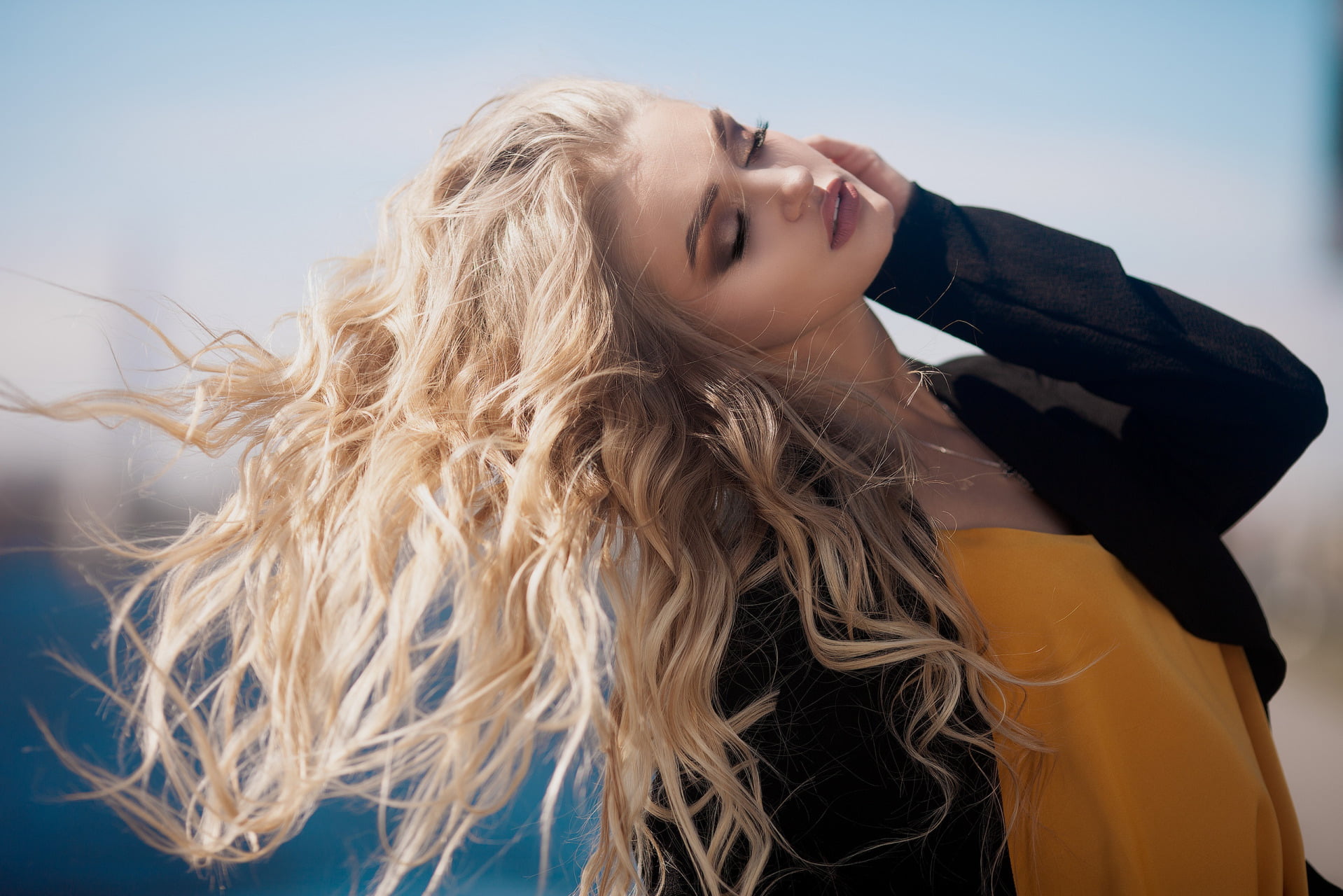 open mouth, makeup, closed eyes, caressing, hair blowing in the wind, 720P, hair, photography, women, messy hair, blonde, model, white hair, wavy hair, HD Wallpaper