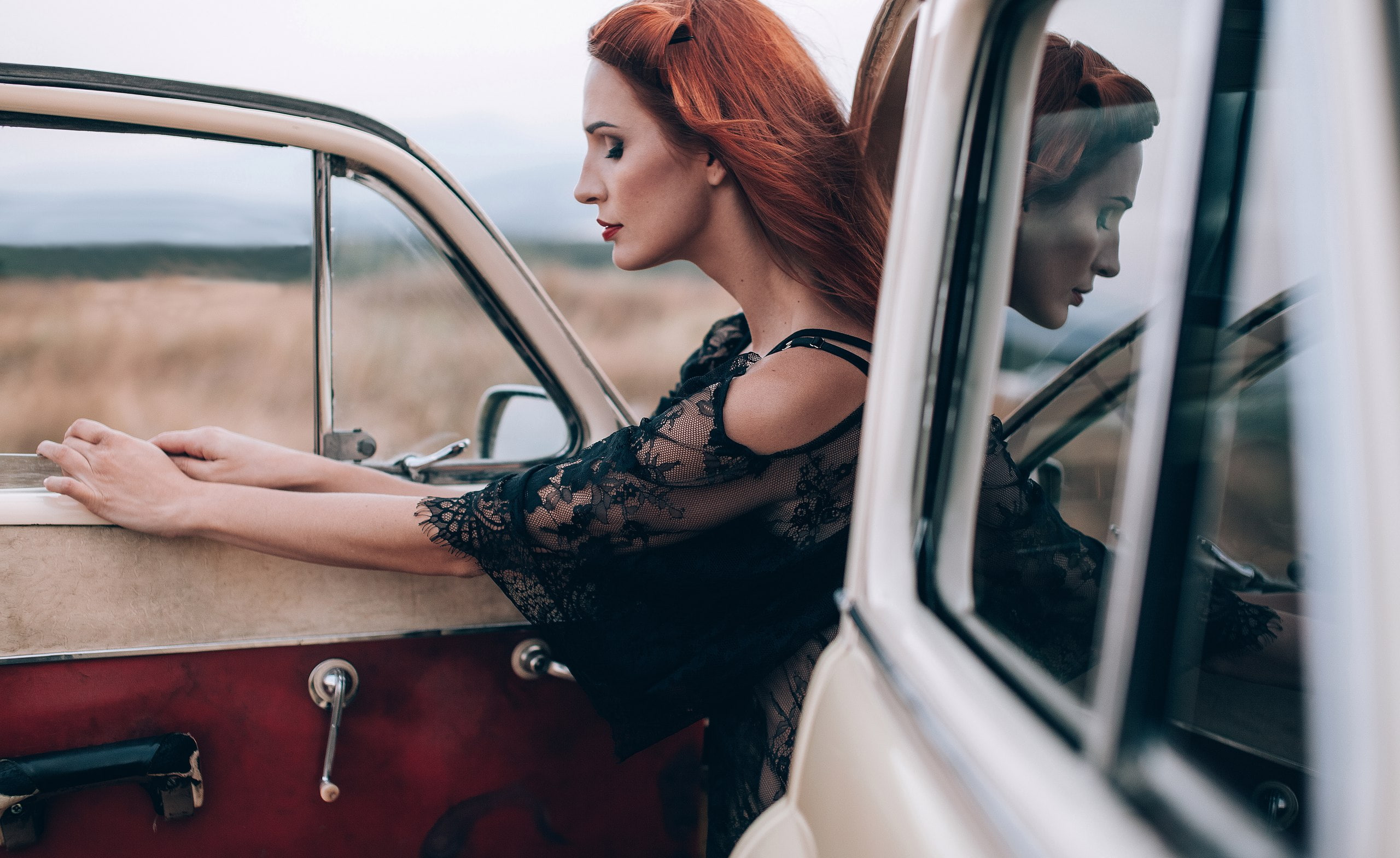 redhead, outdoors, inside a car, depth of field, 2K, young women, hairstyle, transportation, red lipstick, real people, portrait, day, profile, car, lifestyles, HD Wallpaper