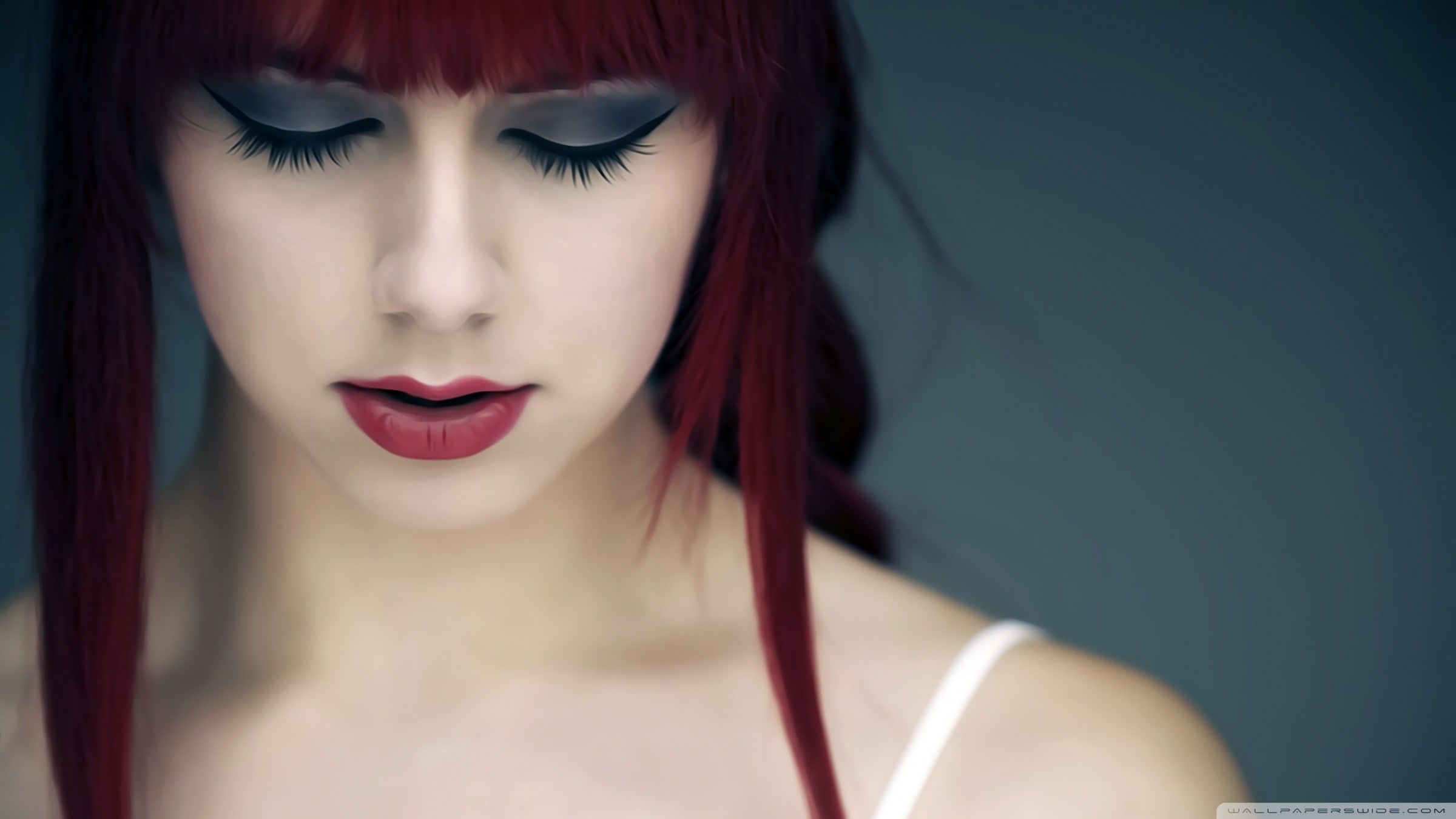 women, closed eyes, red lipstick, model, redhead, makeup, Blackfantastix, 1080P, HD Wallpaper