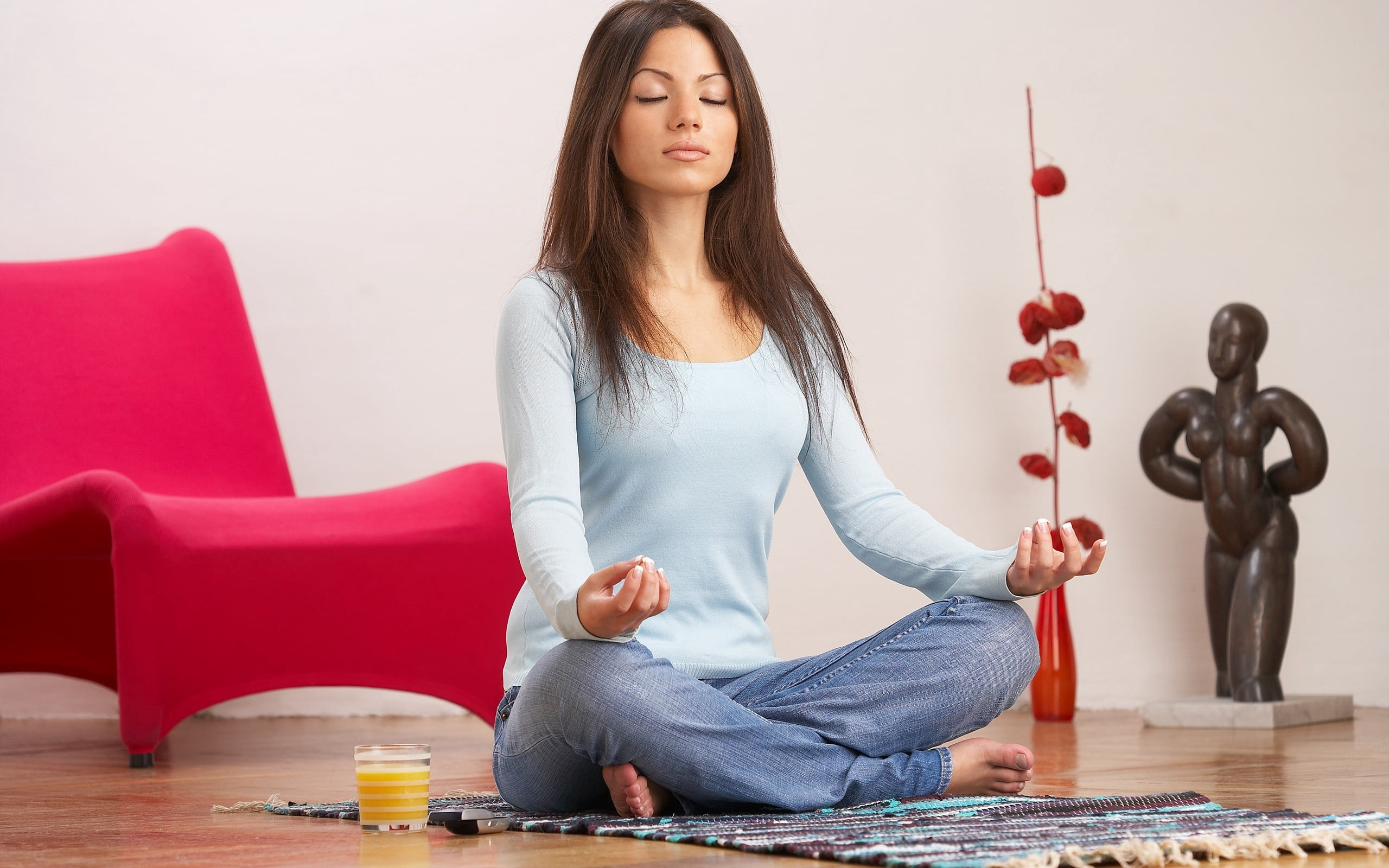 casual clothing, cozy, beautiful, girl, denim, red, room, relaxation, jeans, front view, people, long, meditation, flooring, indoors, leisure activity, HD Wallpaper
