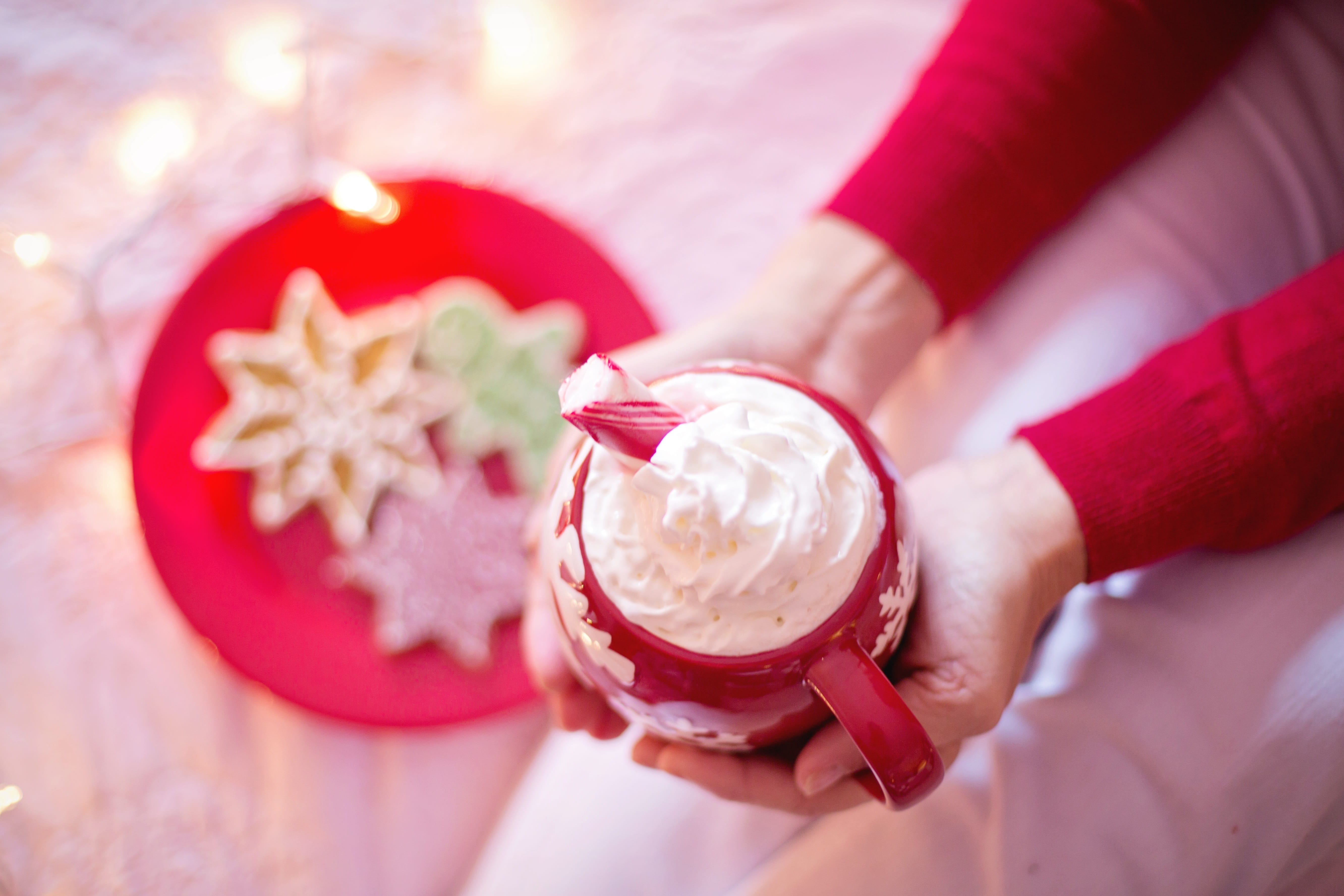 5K, christmas, women, food and drink, mug, holding, warm, cold temperature, cosy, adult, lazy, high angle view, cozy, hand, holiday, refreshment, bed, HD Wallpaper