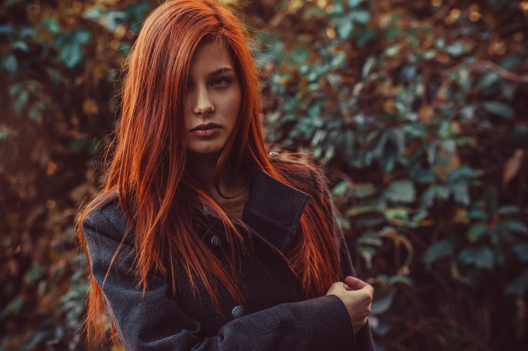 coats, grey coat, Camille Rochette, women outdoors, blurred, women, long hair, 1080P, redhead, HD Wallpaper